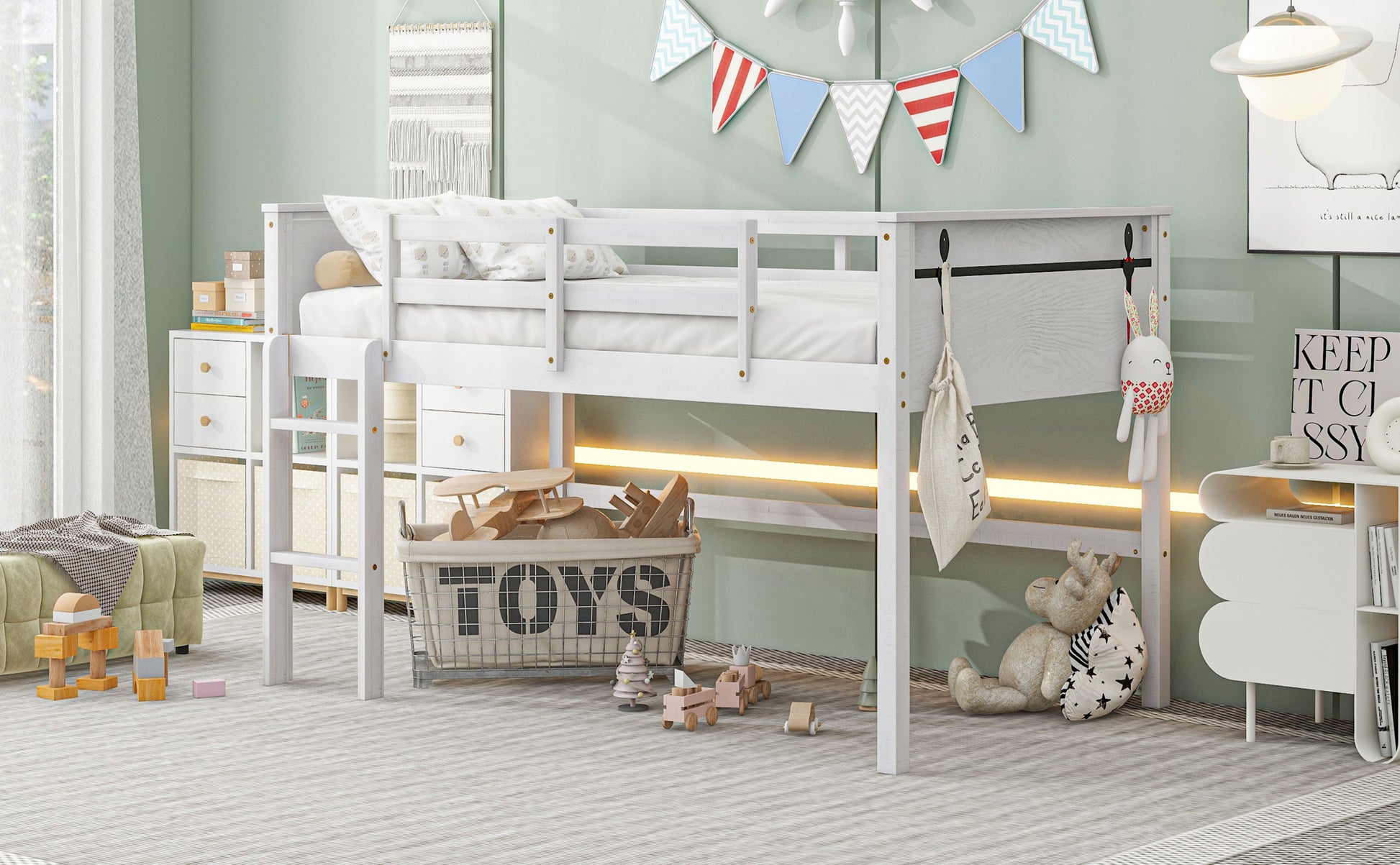 Wood Twin Size Loft Bed With Hanging Clothes Racks, White Box Spring Not Required Twin White Wood Bedroom Solid Wood Mdf