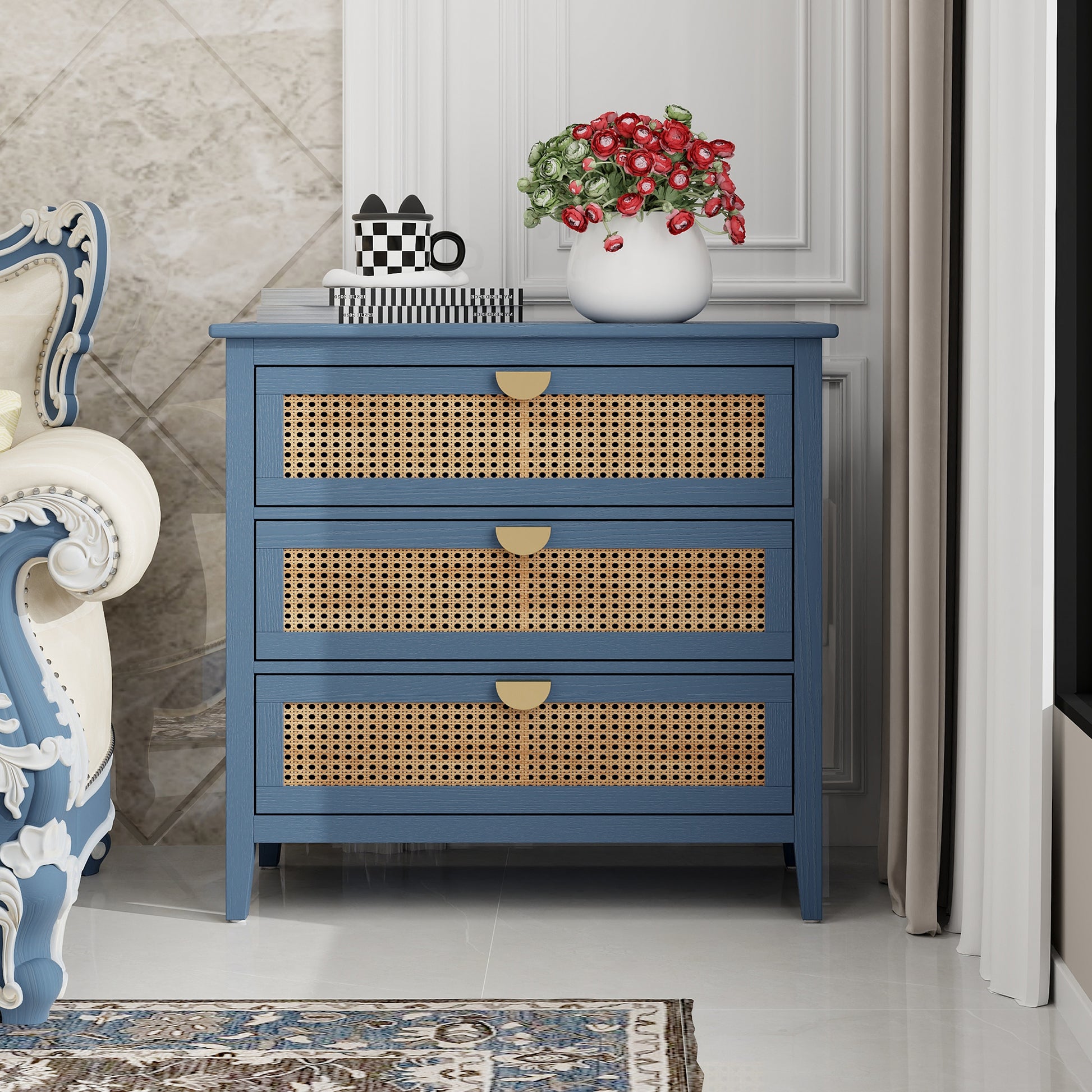 3 Drawer Cabinet,Natural Rattan,American Furniture,Suitable For Bedroom, Living Room, Study Blue Mdf