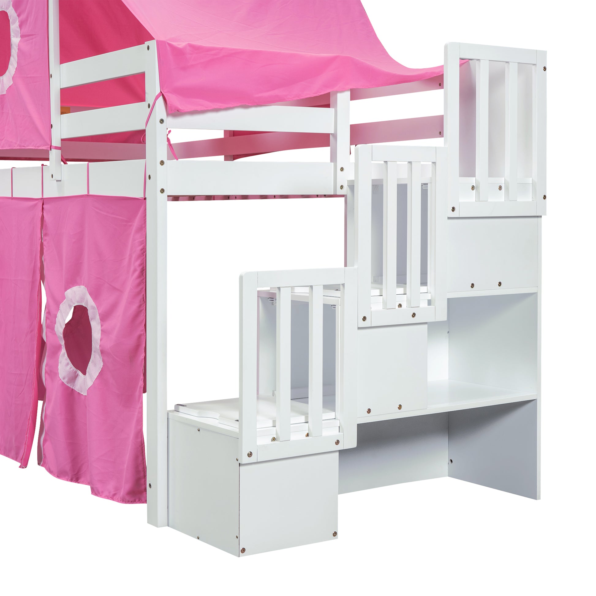 Twin Size Loft Bed With Tent And Tower Pink Pink Solid Wood