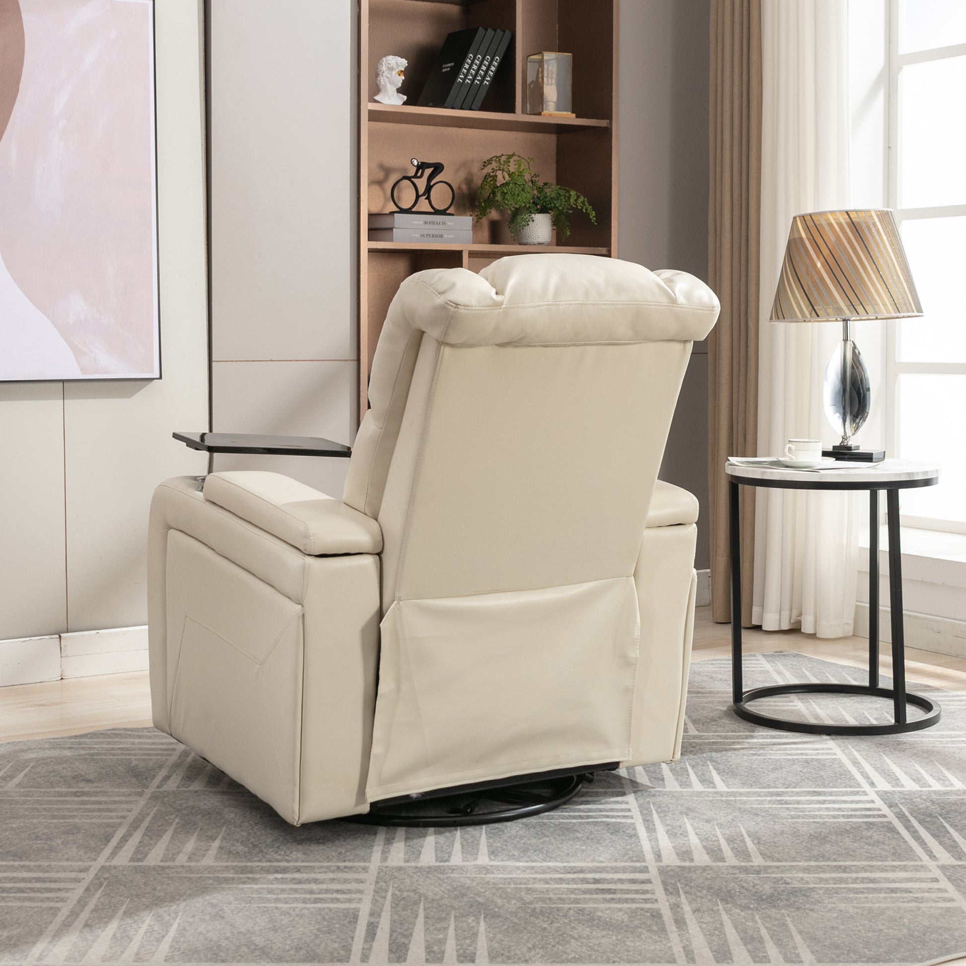 270 Degree Swivel Pu Leather Power Recliner Individual Seat Home Theater Recliner With Comforable Backrest, Tray Table, Phone Holder, Cup Holder, Usb Port, Hidden Arm Storage For Living Room, White White Foam Pu Leather