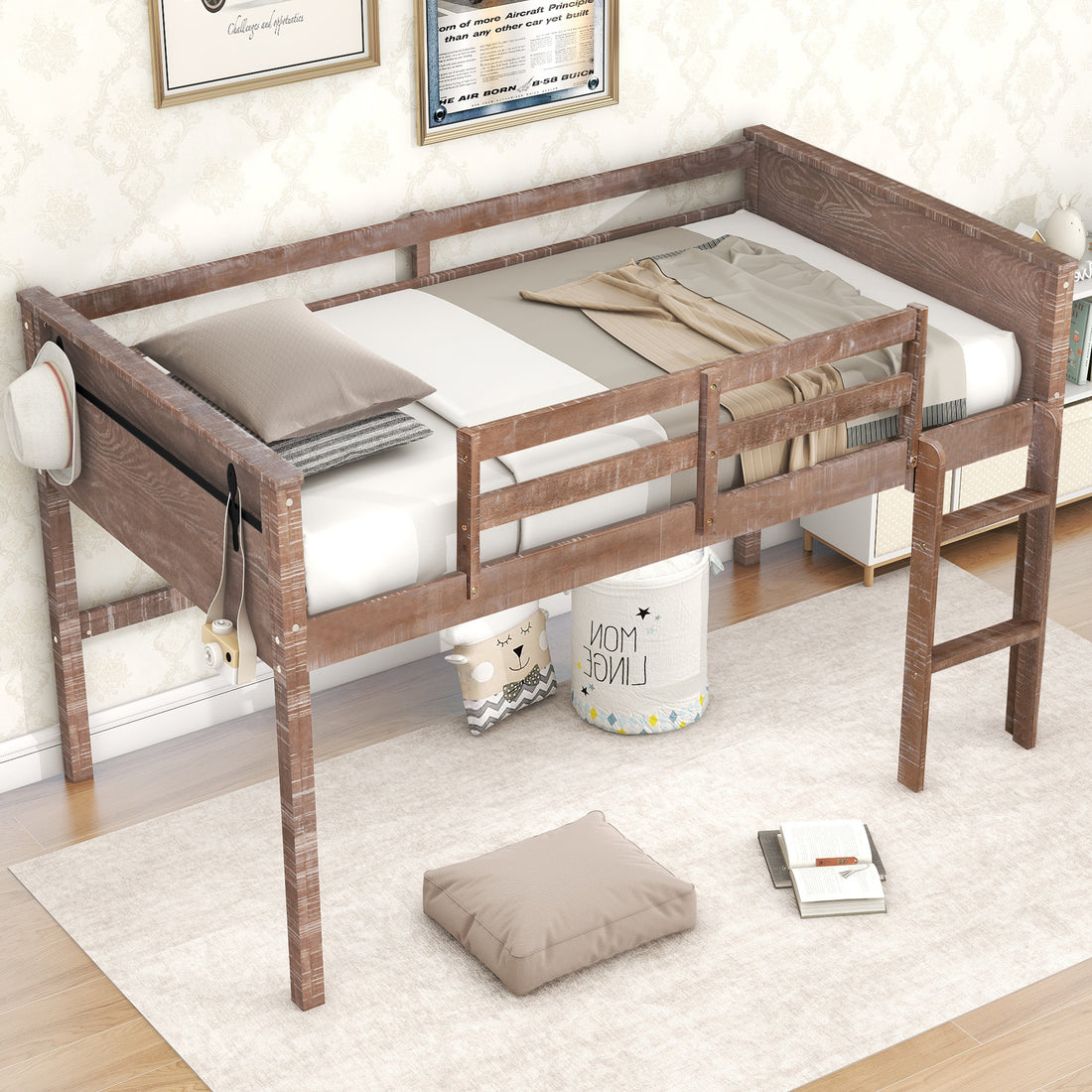 Wood Twin Size Loft Bed With Hanging Clothes Racks, White Rustic Natural Box Spring Not Required Twin Natural Wood Bedroom Solid Wood Mdf