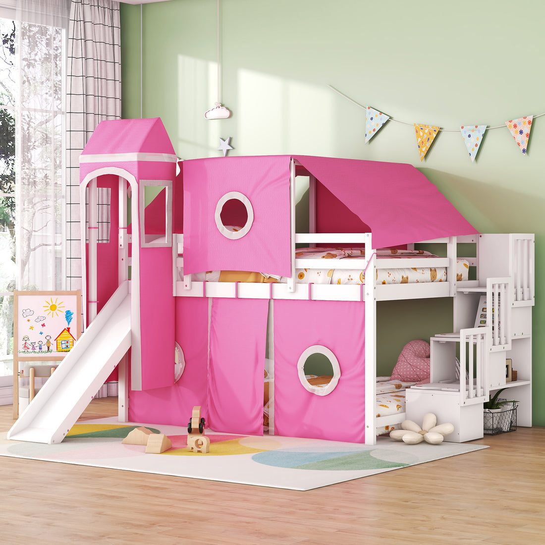 Full Size Loft Bed With Tent And Tower Pink Pink Solid Wood