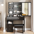 Small Space Left Drawer Desktop Vanity Table Cushioned Stool, Extra Large Right Sliding Mirror, Multi Layer High Capacity Storage, Practical Fashionable Dresser, Suitable For Girls Up To 5.6Ft Tall Black Mdf