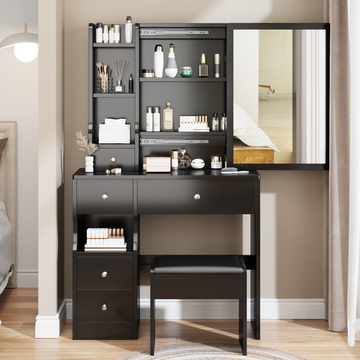 Small Space Left Drawer Desktop Vanity Table Cushioned Stool, Extra Large Right Sliding Mirror, Multi Layer High Capacity Storage, Practical Fashionable Dresser, Suitable For Girls Up To 5.6Ft Tall Black Mdf