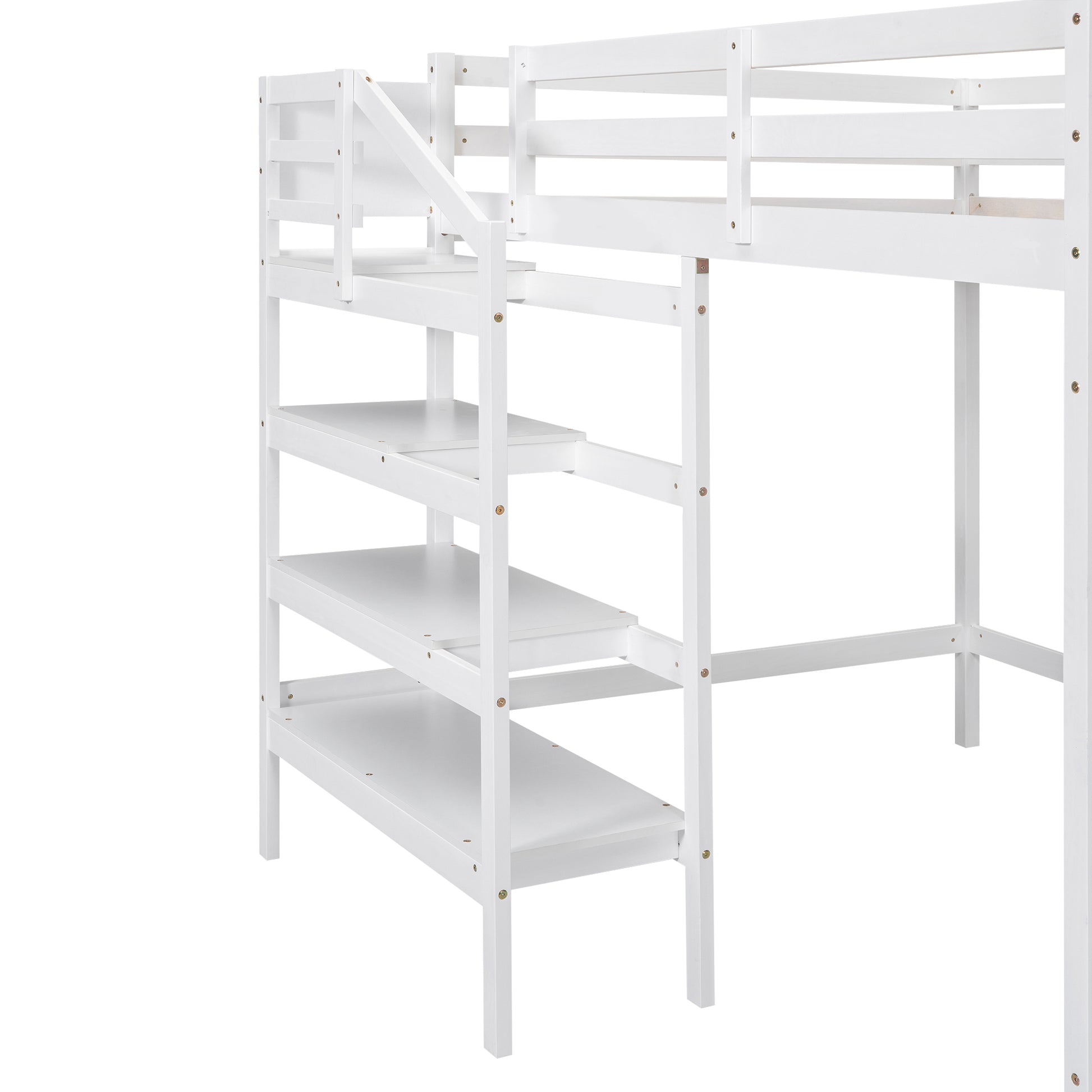 Full Size Loft Bed With Built In Storage Staircase And Hanger For Clothes, White Box Spring Not Required Full White Wood Bedroom Pine