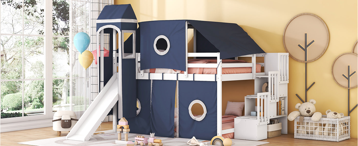 Full Size Loft Bed With Tent And Tower Blue Blue Solid Wood