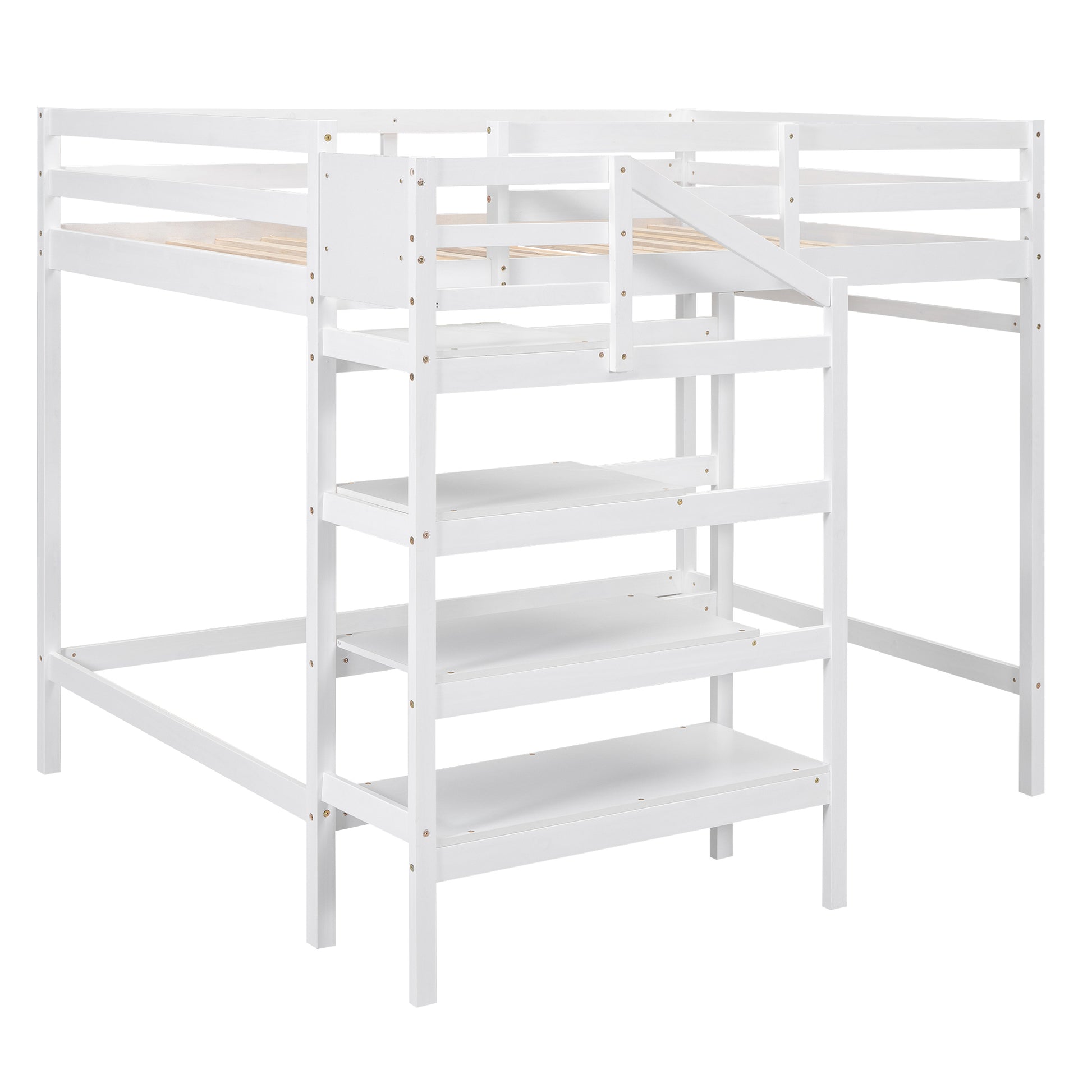 Full Size Loft Bed With Built In Storage Staircase And Hanger For Clothes, White Box Spring Not Required Full White Wood Bedroom Pine