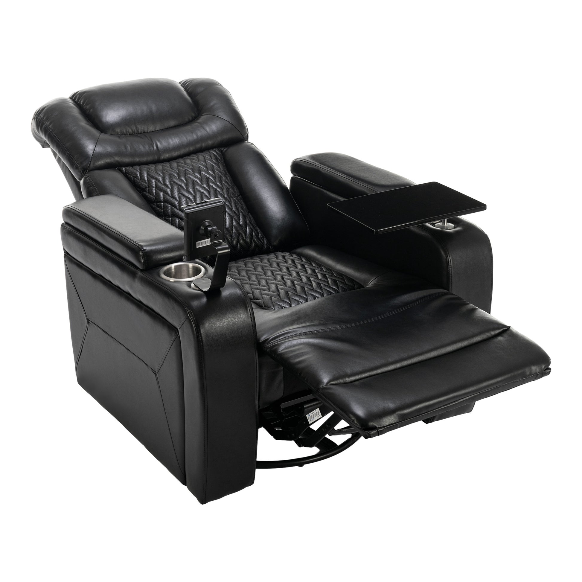 270 Degree Swivel Pu Leather Power Recliner Individual Seat Home Theater Recliner With Comforable Backrest, Tray Table, Phone Holder, Cup Holder, Usb Port, Hidden Arm Storage For Living Room, Black Black Foam Pu Leather