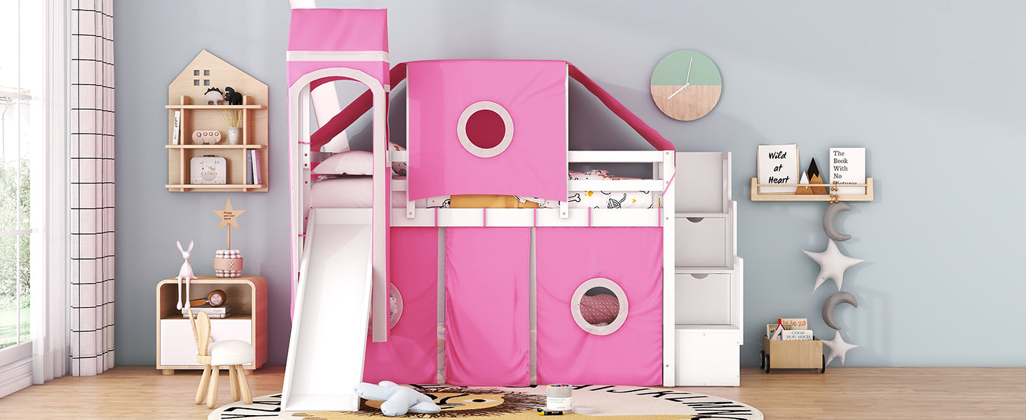 Twin Size Loft Bed With Tent And Tower Pink Pink Solid Wood