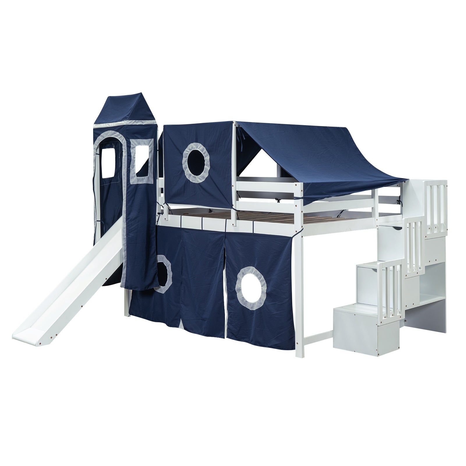 Full Size Loft Bed With Tent And Tower Blue Blue Solid Wood