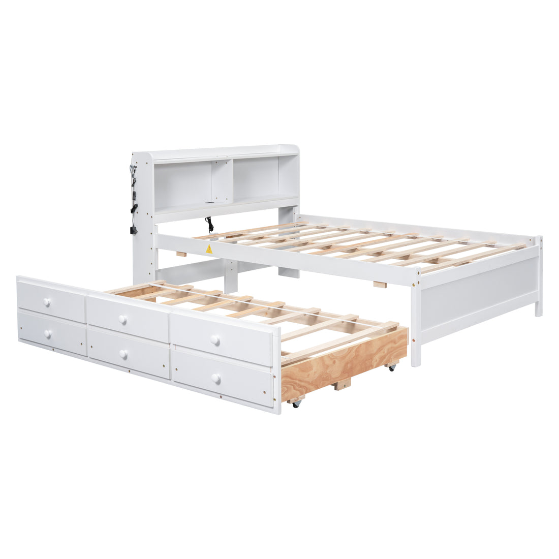 Full Size Bed With Usb & Type C Ports, Led Light, Bookcase Headboard, Trundle And 3 Storage Drawersfull Size Size Bed With Bookcase Headboard, Trundle And Storage Drawers ,White Full White American Design Pine