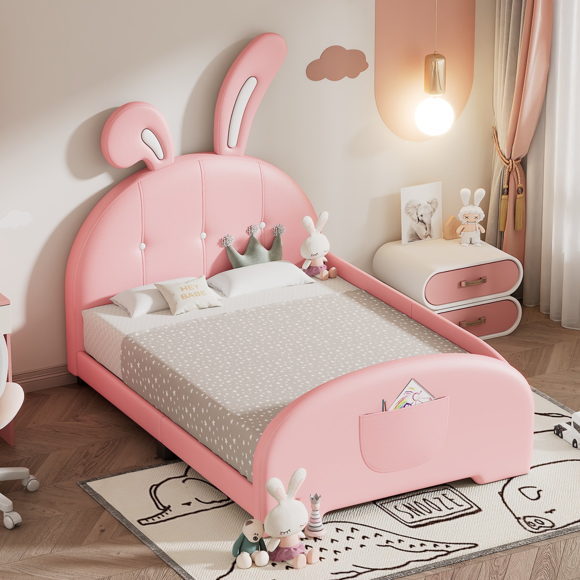 Twin Size Upholstered Rabbit Shape Princess Bed ,Twin Size Platform Bed With Headboard And Footboard,Pink Pink Pu