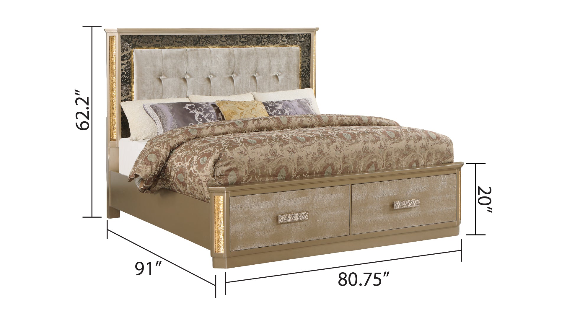 King 4Pc Bedroom Set Made With Wood In Gold Box Spring Not Required King Gold Wood 4 Piece Set Bedroom Bed Included,Dresser Included,Mirror Included,Nightstand Included Contemporary,Modern Wood