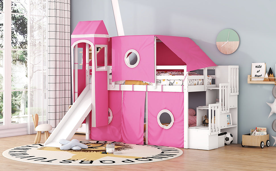 Twin Size Loft Bed With Tent And Tower Pink Pink Solid Wood