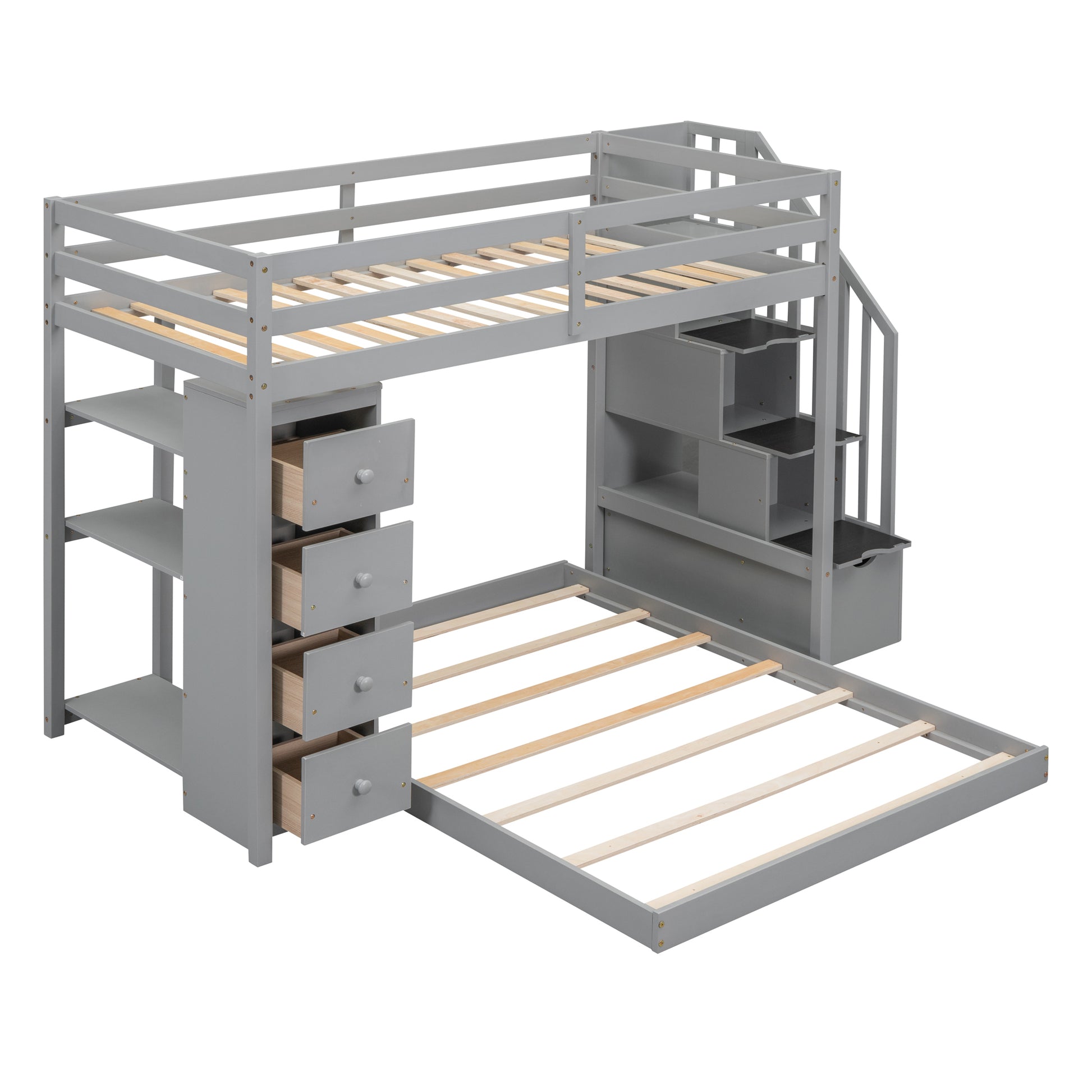 Twin Over Full Bunk Bed With 3 Layer Shelves, Drawers And Storage Stairs, Gray Gray Solid Wood Mdf