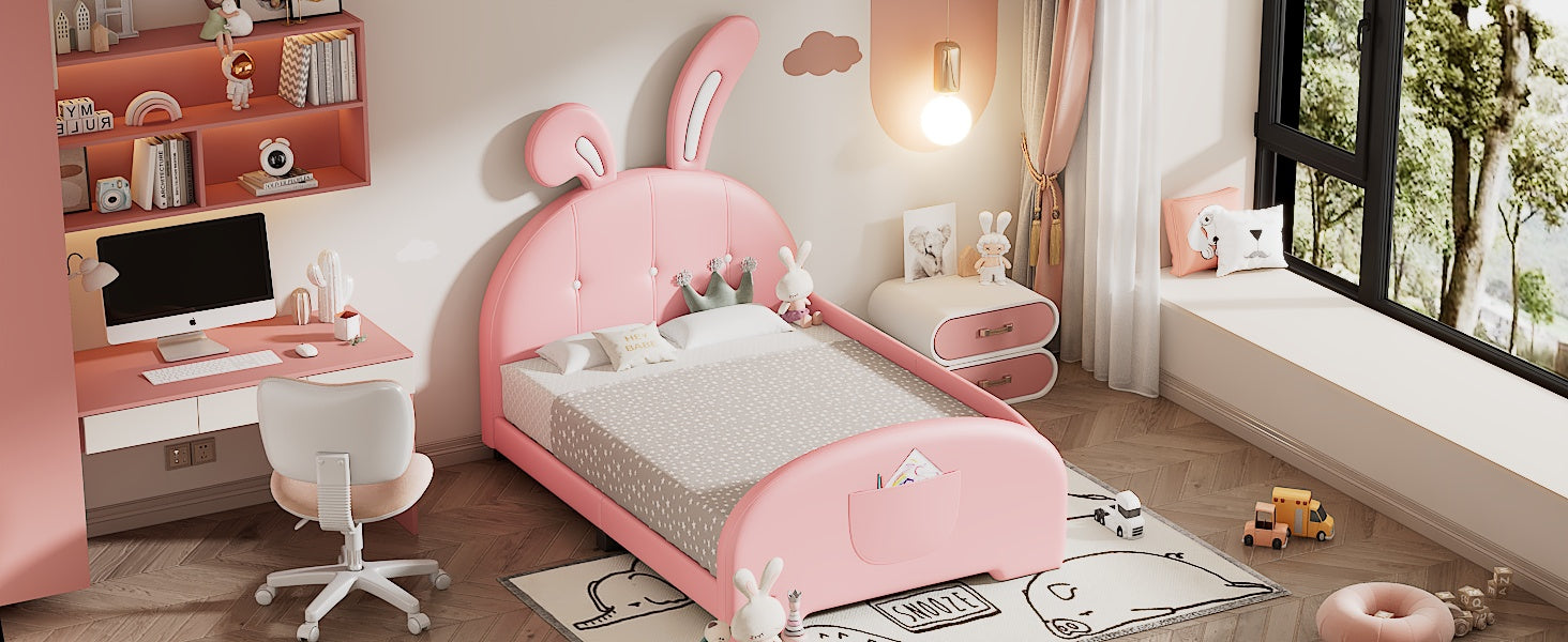 Twin Size Upholstered Rabbit Shape Princess Bed ,Twin Size Platform Bed With Headboard And Footboard,Pink Pink Pu