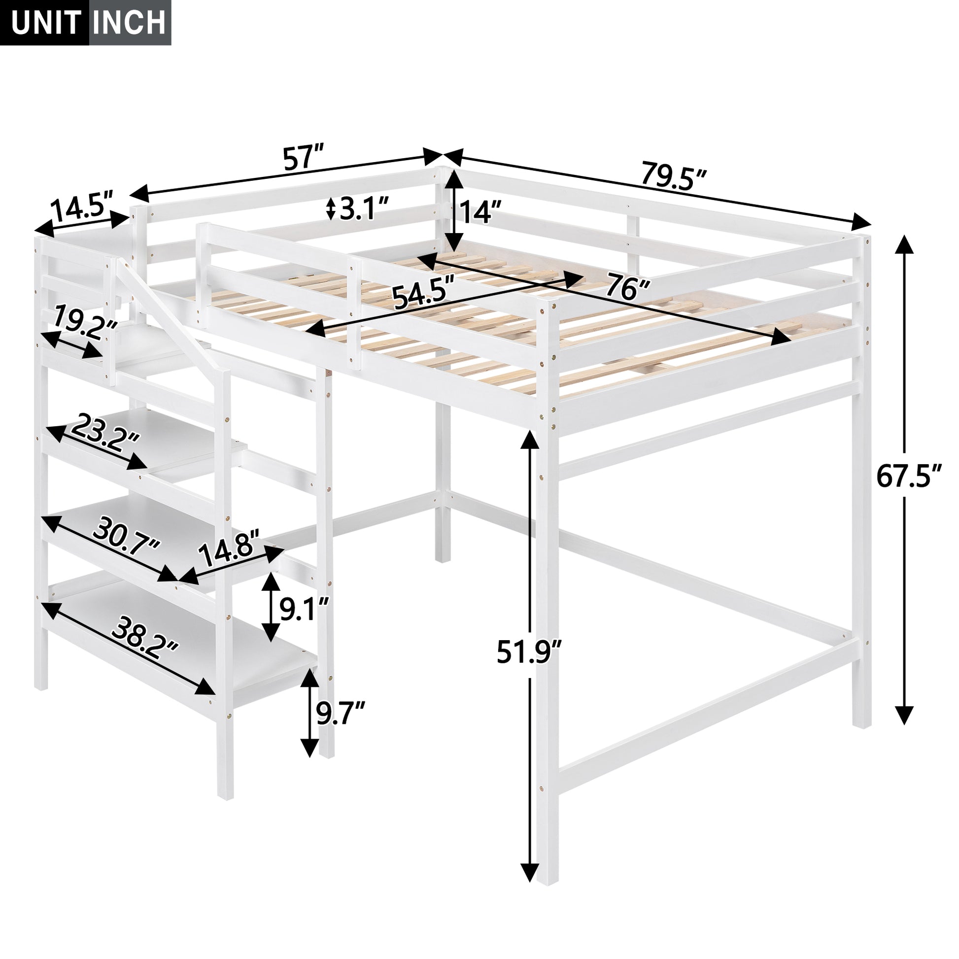 Full Size Loft Bed With Built In Storage Staircase And Hanger For Clothes, White Box Spring Not Required Full White Wood Bedroom Pine