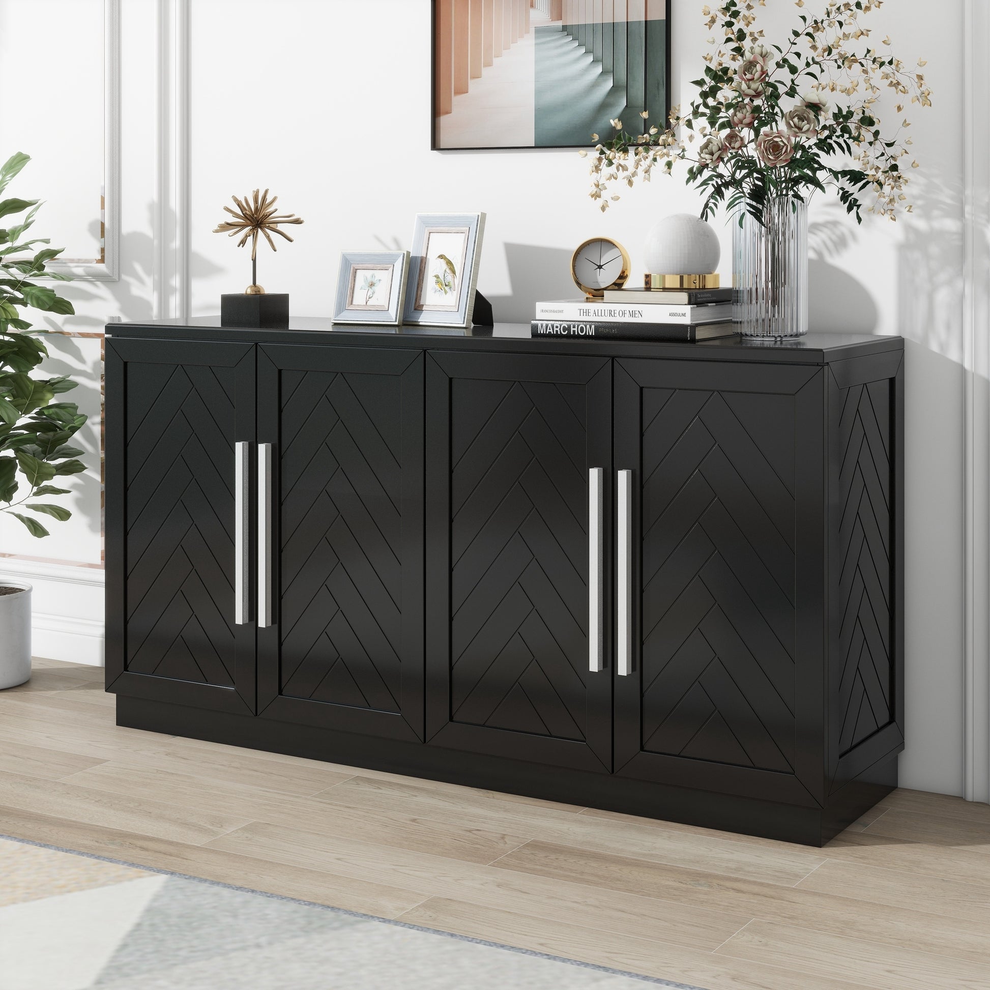 Sideboard With 4 Doors Large Storage Space Buffet Cabinet With Adjustable Shelves And Silver Handles For Kitchen, Dining Room, Living Room Black Black Solid Wood Mdf