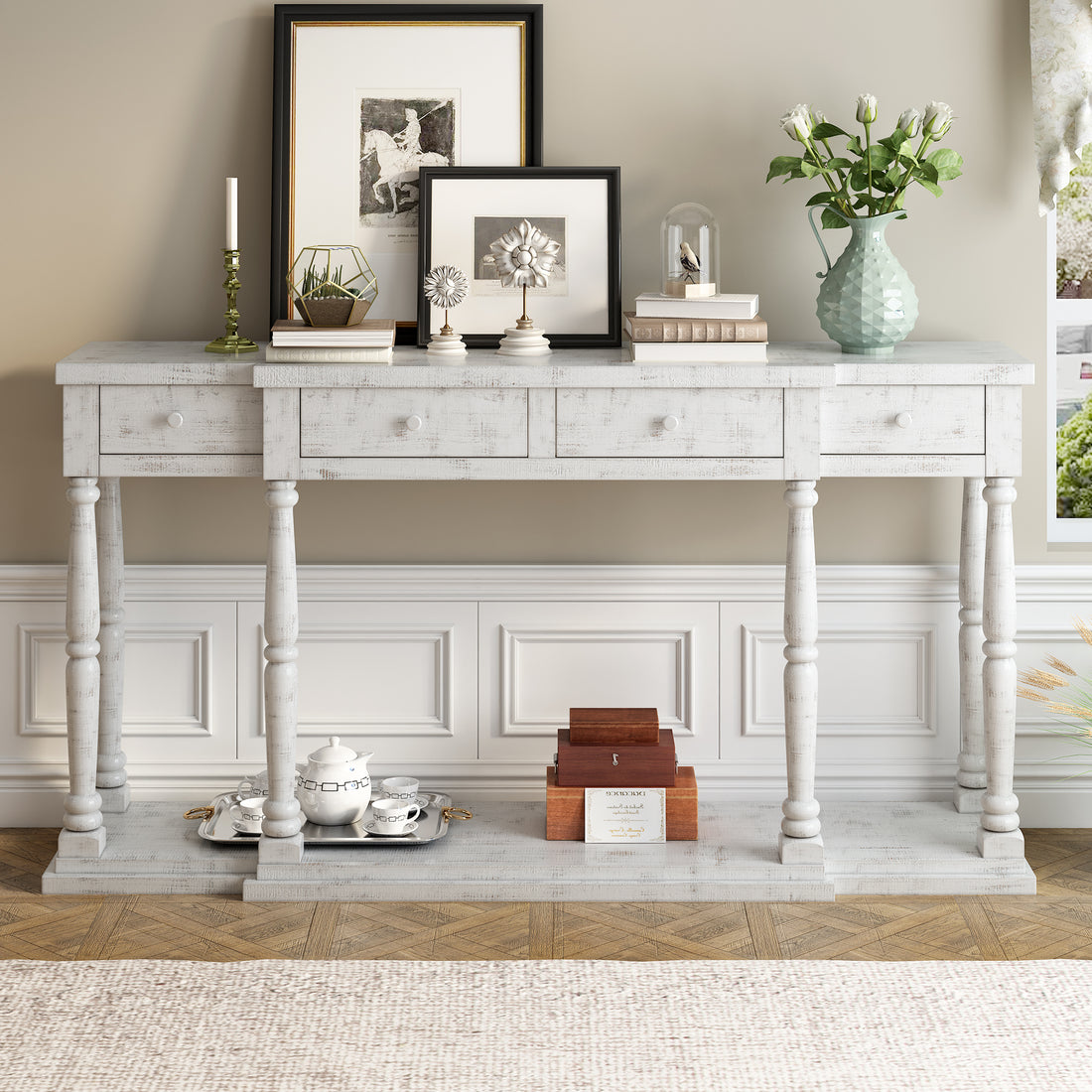 Retro Senior Console Table For Hallway Living Room Bedroom With 4 Front Facing Storage Drawers And 1 Shelf Antique White Mdf