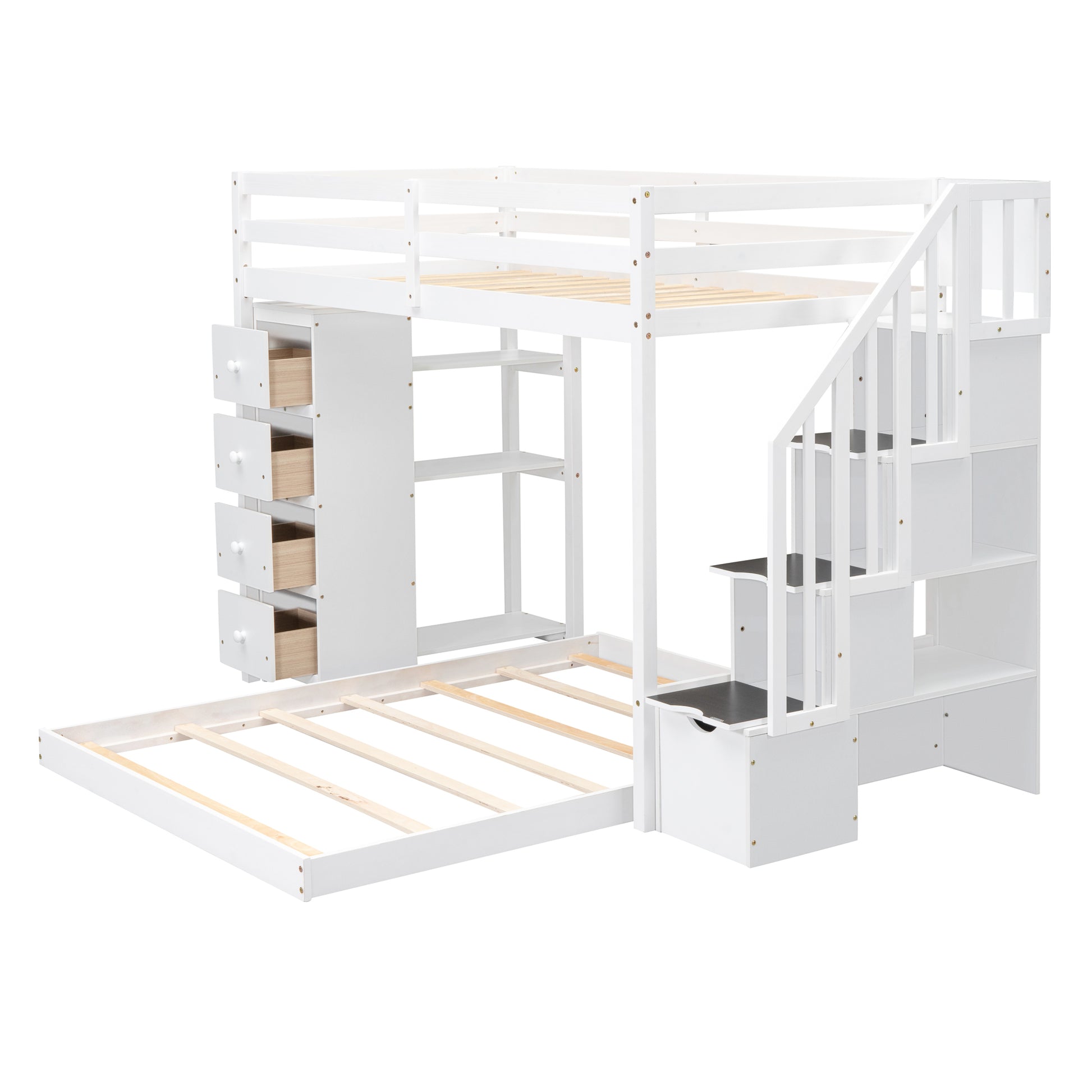 Twin Over Full Bunk Bed With 3 Layer Shelves, Drawers And Storage Stairs, White White Solid Wood Mdf