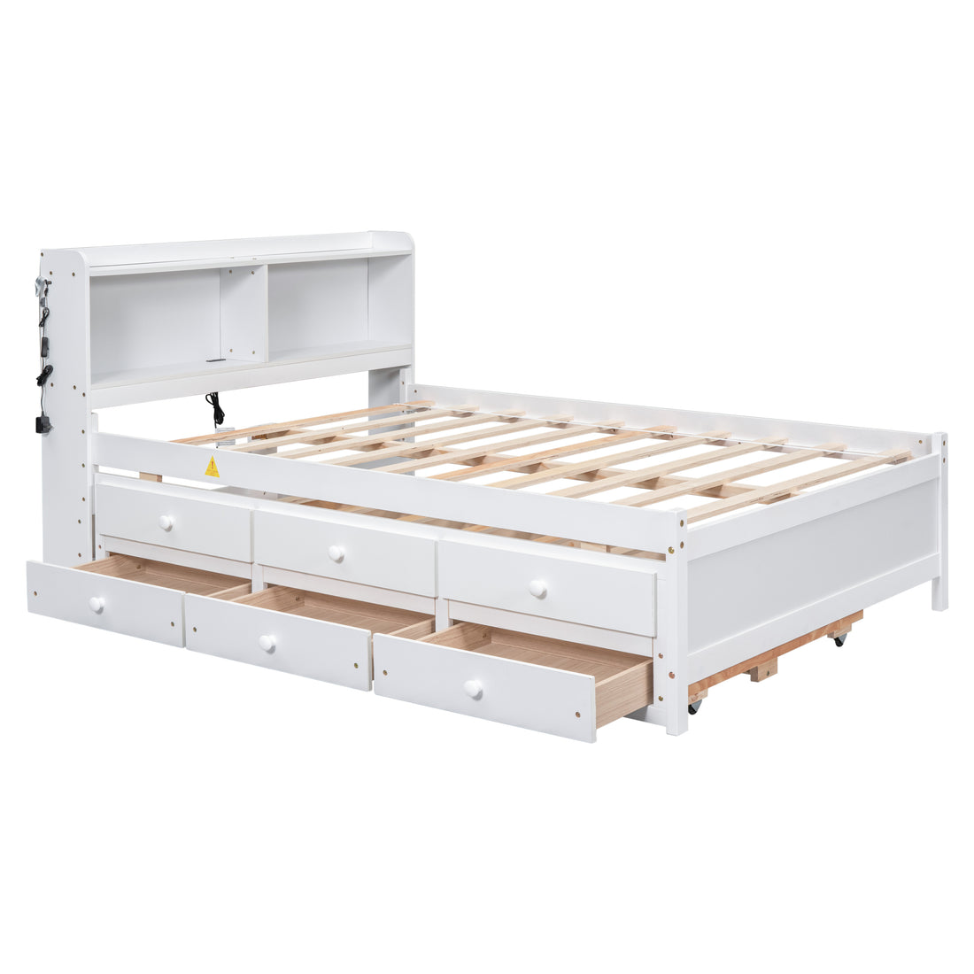 Full Size Bed With Usb & Type C Ports, Led Light, Bookcase Headboard, Trundle And 3 Storage Drawersfull Size Size Bed With Bookcase Headboard, Trundle And Storage Drawers ,White Full White American Design Pine