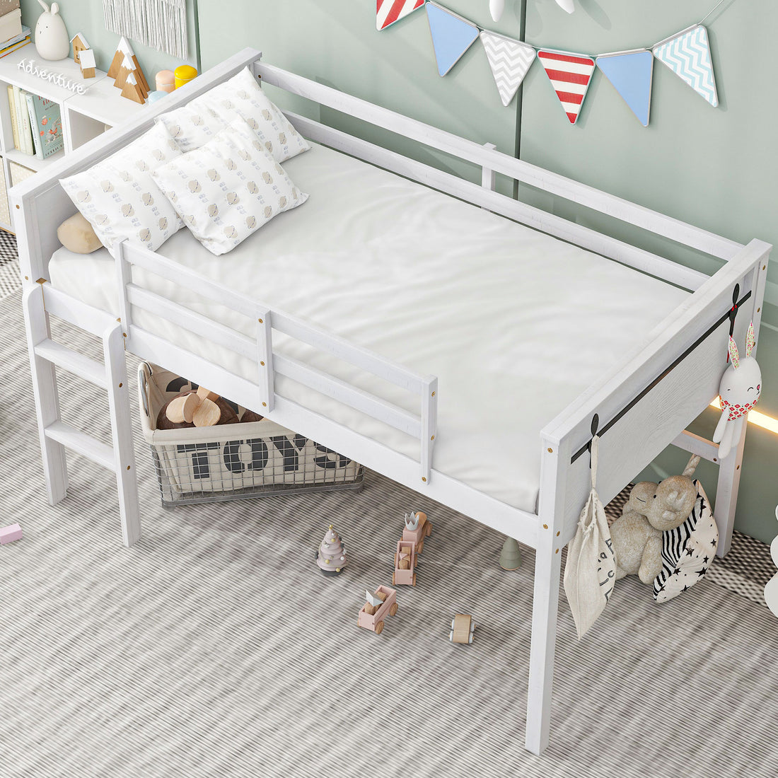 Wood Twin Size Loft Bed With Hanging Clothes Racks, White Box Spring Not Required Twin White Wood Bedroom Solid Wood Mdf