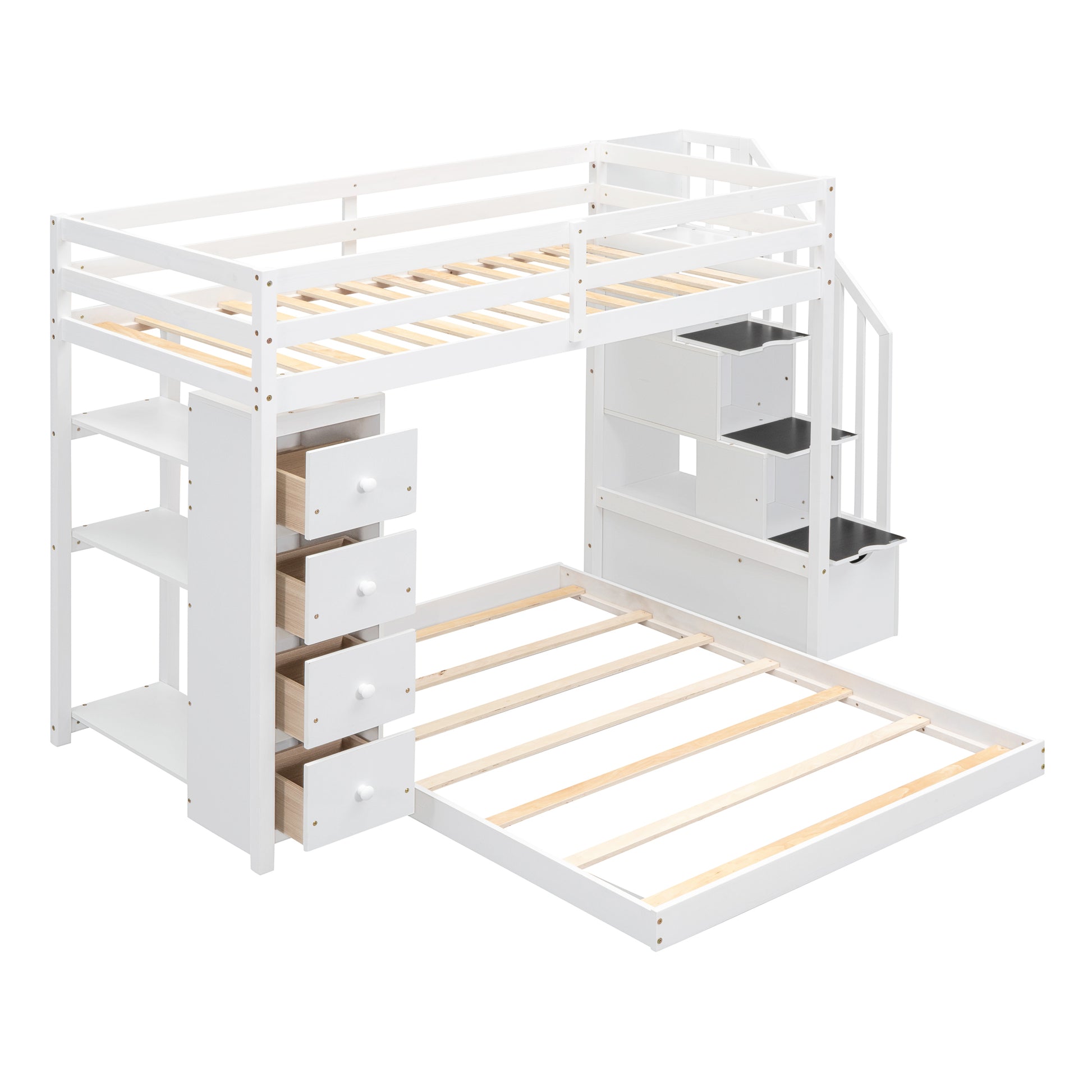 Twin Over Full Bunk Bed With 3 Layer Shelves, Drawers And Storage Stairs, White White Solid Wood Mdf