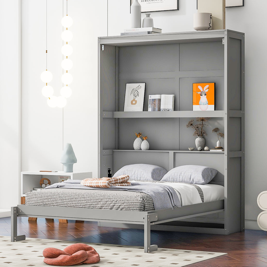 Full Size Murphy Bed Wall Bed With Shelves,Gray Gray Solid Wood Mdf