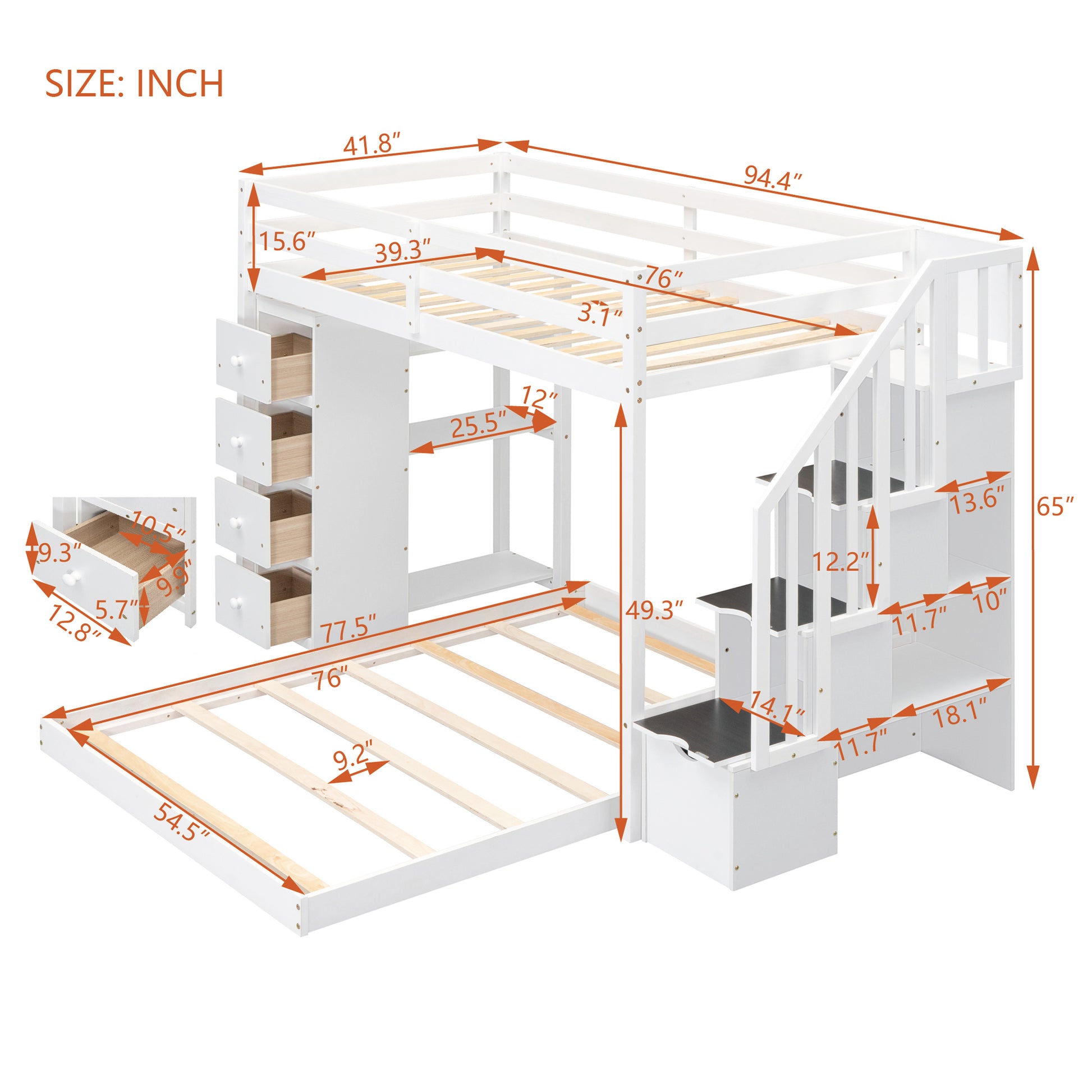 Twin Over Full Bunk Bed With 3 Layer Shelves, Drawers And Storage Stairs, White White Solid Wood Mdf