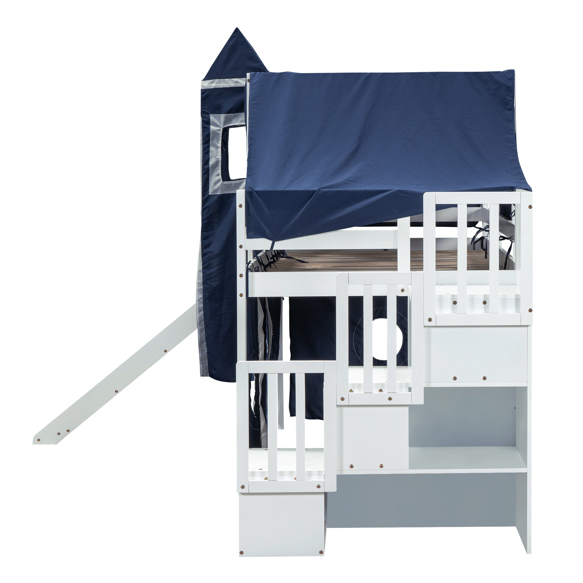 Twin Size Loft Bed With Tent And Tower Blue Blue Solid Wood