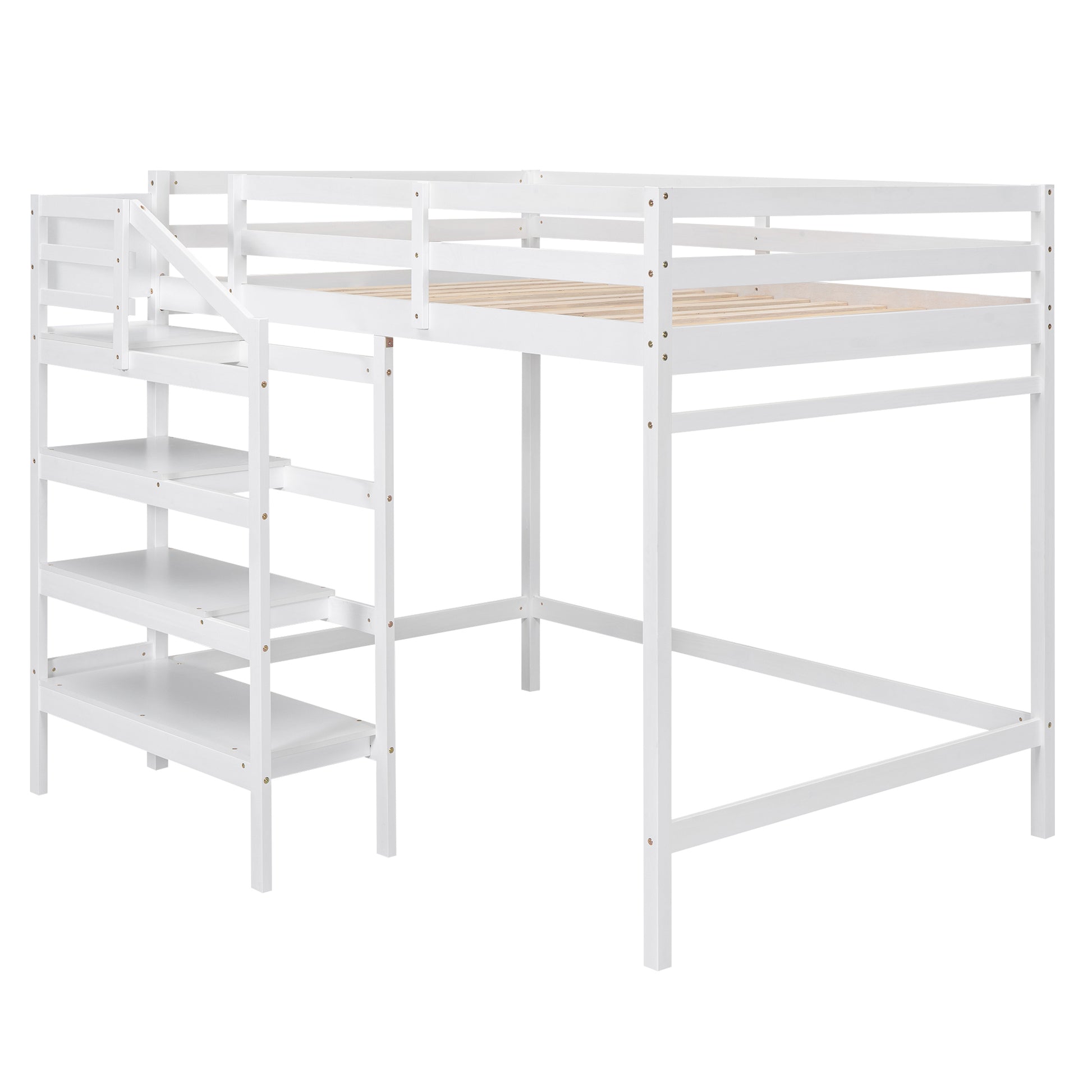 Full Size Loft Bed With Built In Storage Staircase And Hanger For Clothes, White Box Spring Not Required Full White Wood Bedroom Pine