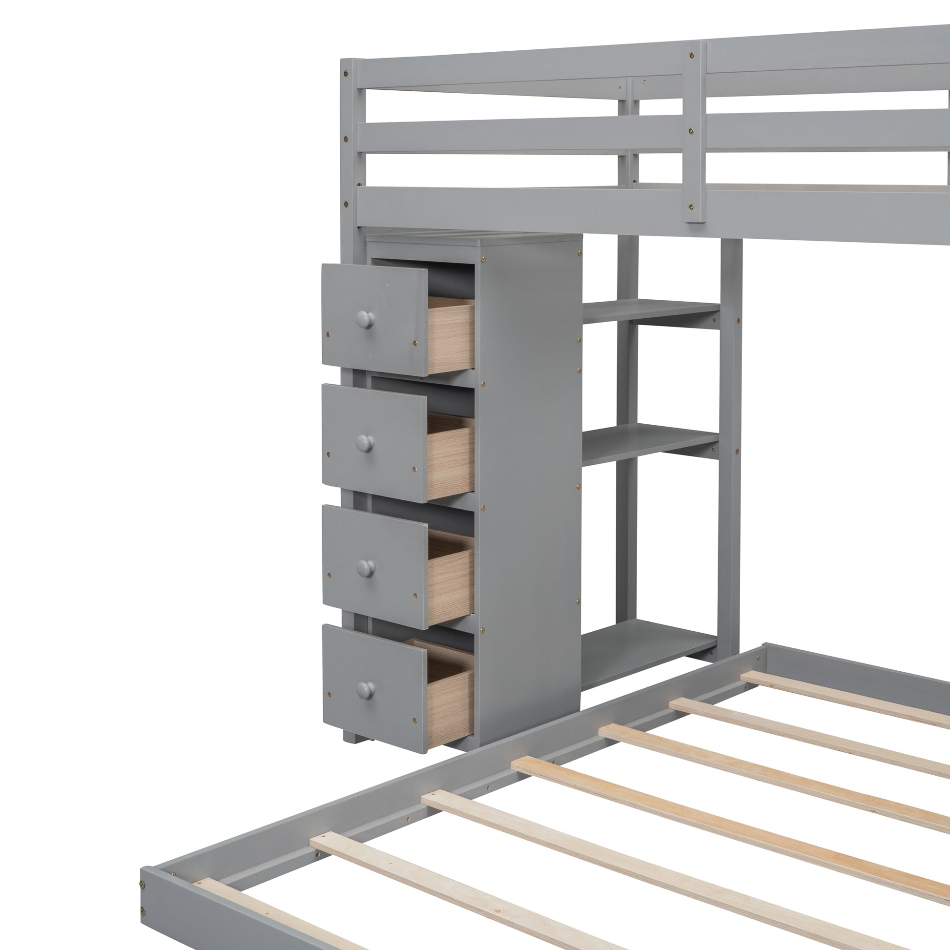 Twin Over Full Bunk Bed With 3 Layer Shelves, Drawers And Storage Stairs, Gray Gray Solid Wood Mdf