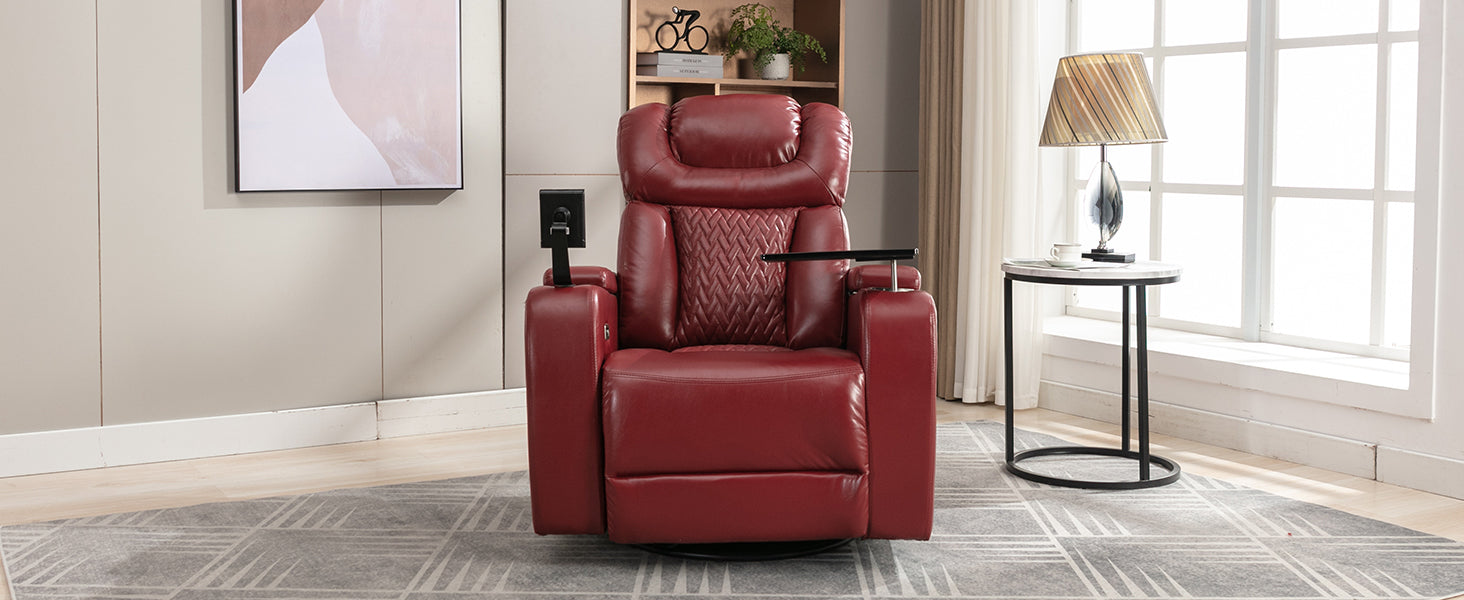 270 Degree Swivel Pu Leather Power Recliner Individual Seat Home Theater Recliner With Comforable Backrest, Tray Table, Phone Holder, Cup Holder, Usb Port, Hidden Arm Storage For Living Room, Red Red Foam Pu Leather