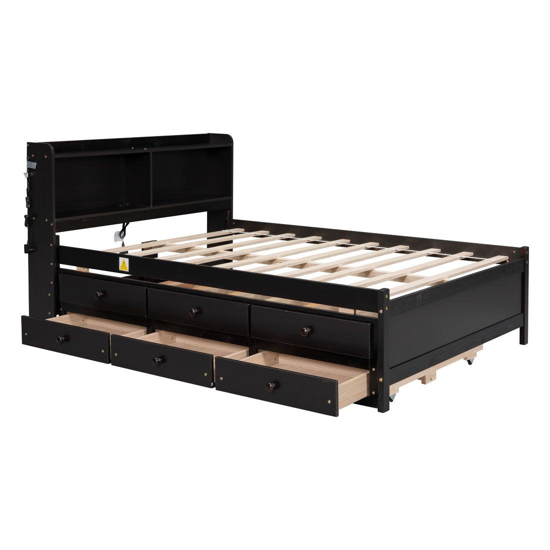 Full Size Bed With Usb & Type C Ports, Led Light, Bookcase Headboard, Trundle And 3 Storage Drawersfull Size Size Bed With Bookcase Headboard, Trundle And Storage Drawers,Espresso Full Espresso American Design Pine