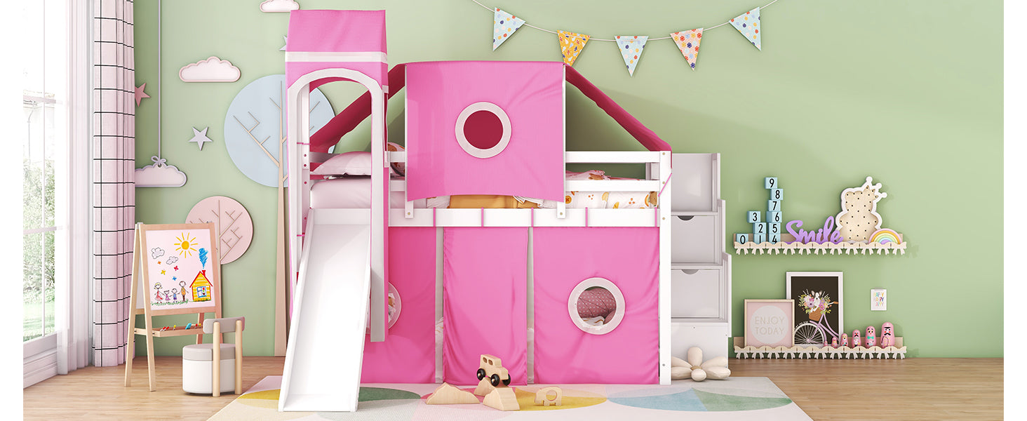 Full Size Loft Bed With Tent And Tower Pink Pink Solid Wood