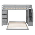 Twin Over Full Bunk Bed With 3 Layer Shelves, Drawers And Storage Stairs, Gray Gray Solid Wood Mdf