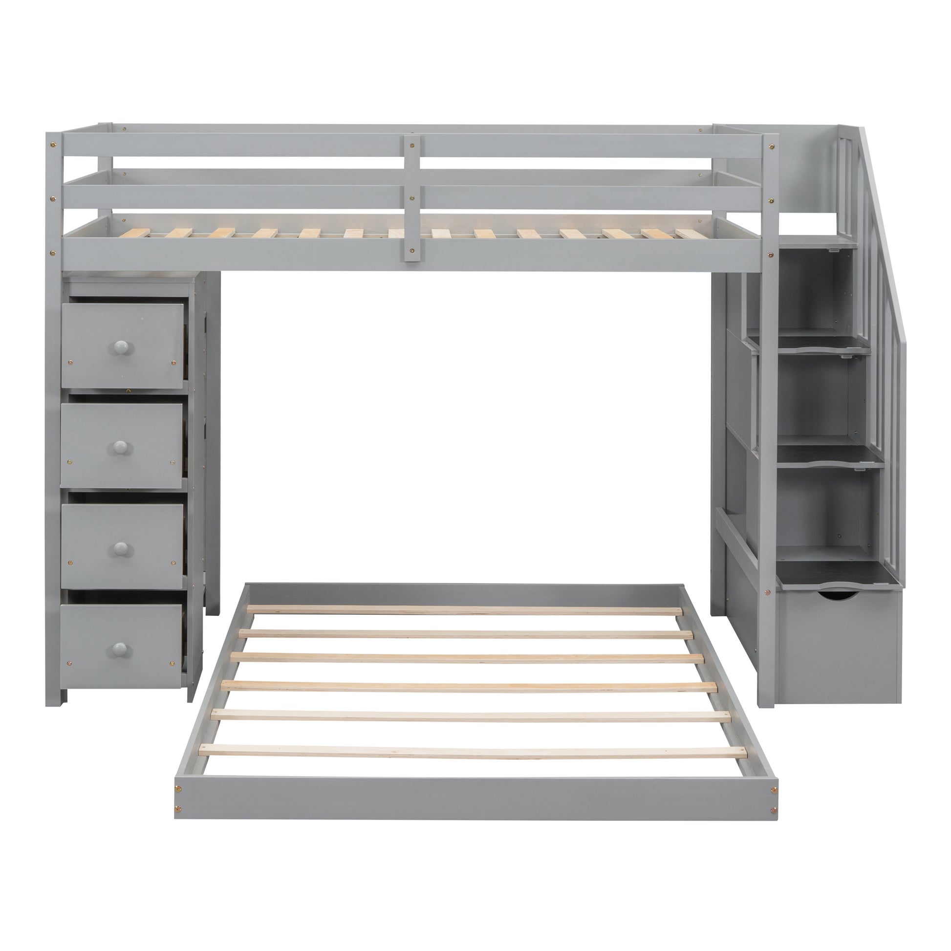 Twin Over Full Bunk Bed With 3 Layer Shelves, Drawers And Storage Stairs, Gray Gray Solid Wood Mdf