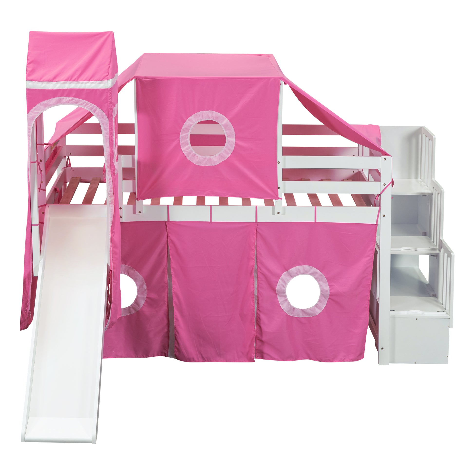 Twin Size Loft Bed With Tent And Tower Pink Pink Solid Wood