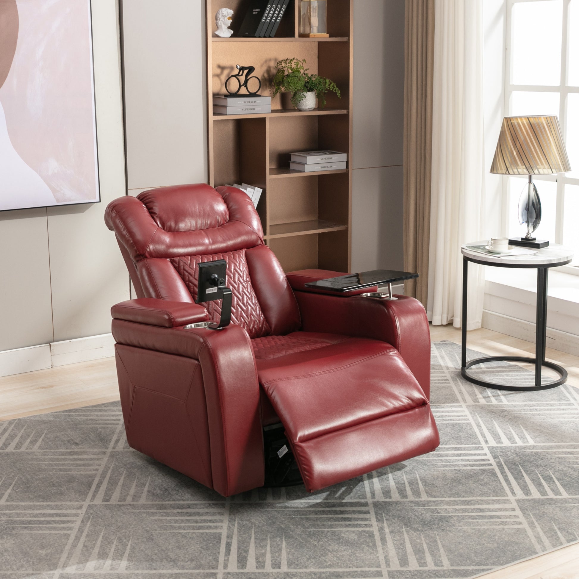 270 Degree Swivel Pu Leather Power Recliner Individual Seat Home Theater Recliner With Comforable Backrest, Tray Table, Phone Holder, Cup Holder, Usb Port, Hidden Arm Storage For Living Room, Red Red Foam Pu Leather