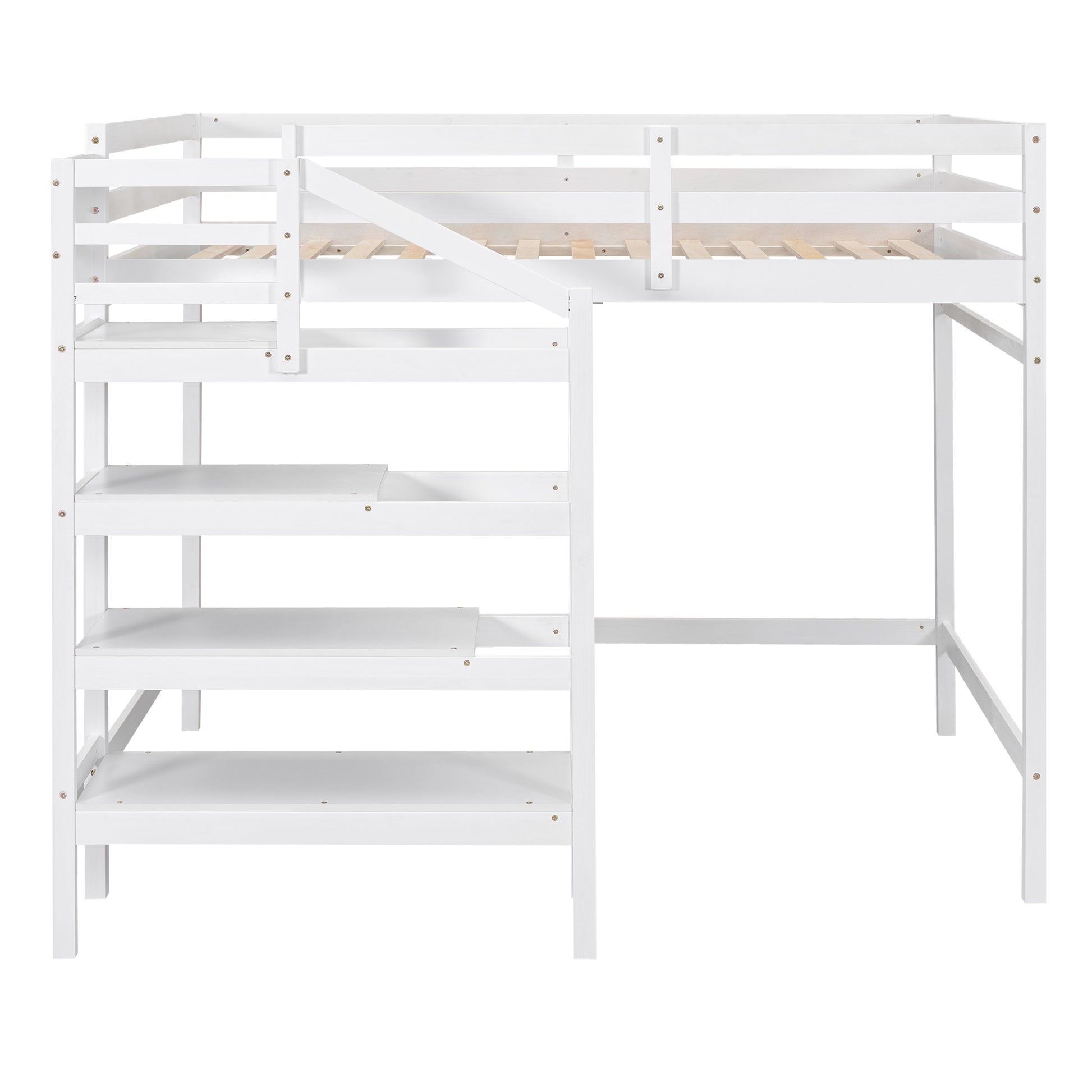 Full Size Loft Bed With Built In Storage Staircase And Hanger For Clothes, White Box Spring Not Required Full White Wood Bedroom Pine
