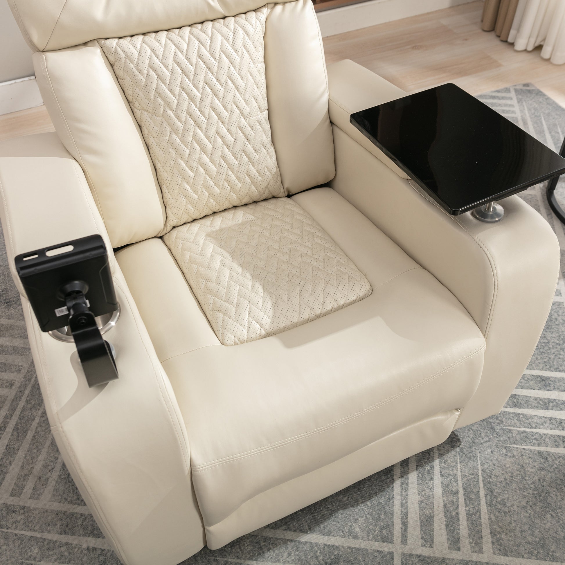 270 Degree Swivel Pu Leather Power Recliner Individual Seat Home Theater Recliner With Comforable Backrest, Tray Table, Phone Holder, Cup Holder, Usb Port, Hidden Arm Storage For Living Room, White White Foam Pu Leather