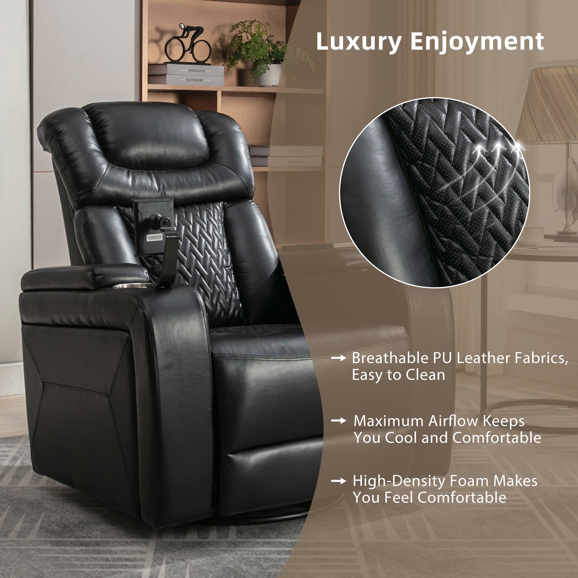 270 Degree Swivel Pu Leather Power Recliner Individual Seat Home Theater Recliner With Comforable Backrest, Tray Table, Phone Holder, Cup Holder, Usb Port, Hidden Arm Storage For Living Room, Black Black Foam Pu Leather