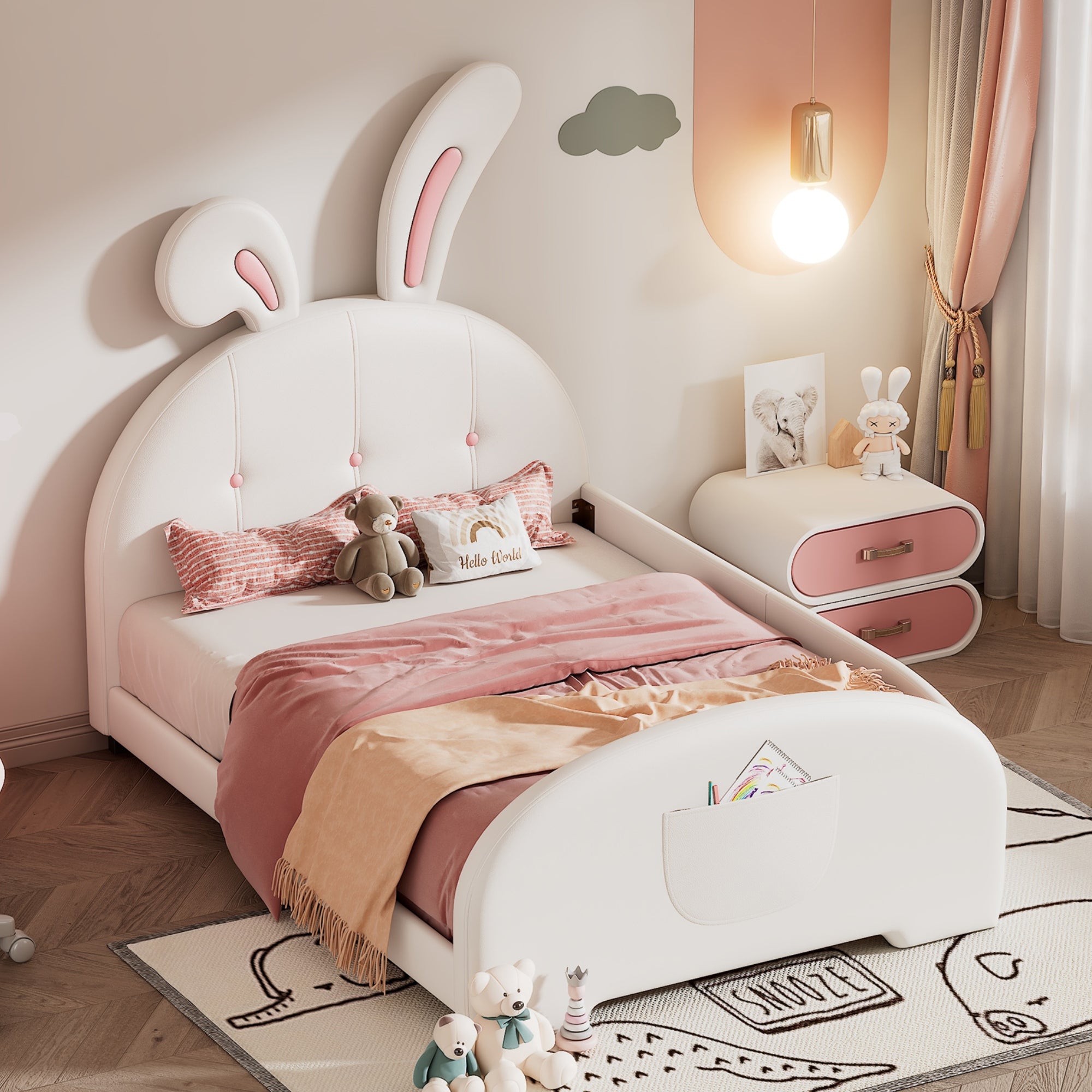 Twin Size Upholstered Rabbit Shape Princess Bed ,Twin Size Platform Bed With Headboard And Footboard,White White Pu