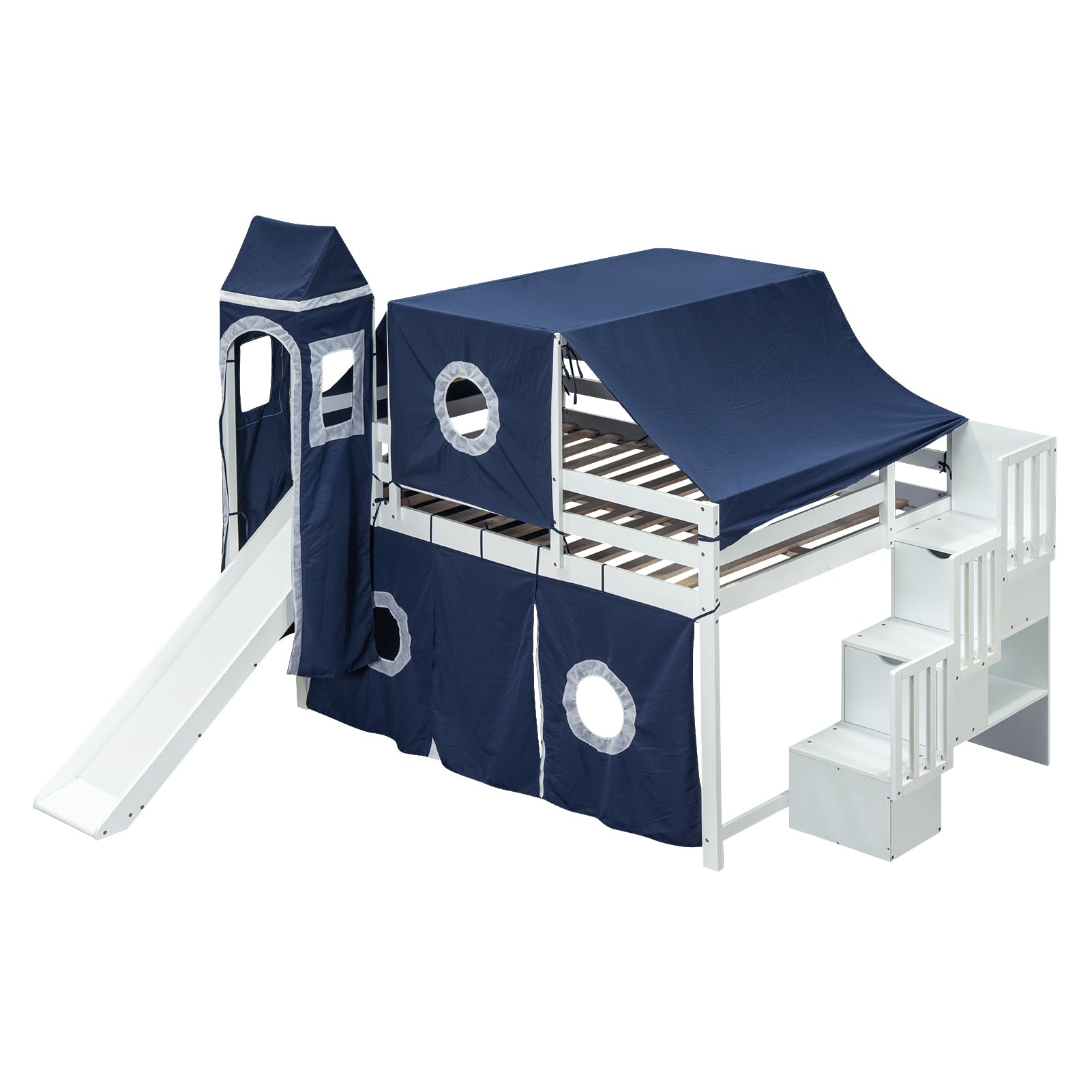 Full Size Loft Bed With Tent And Tower Blue Blue Solid Wood