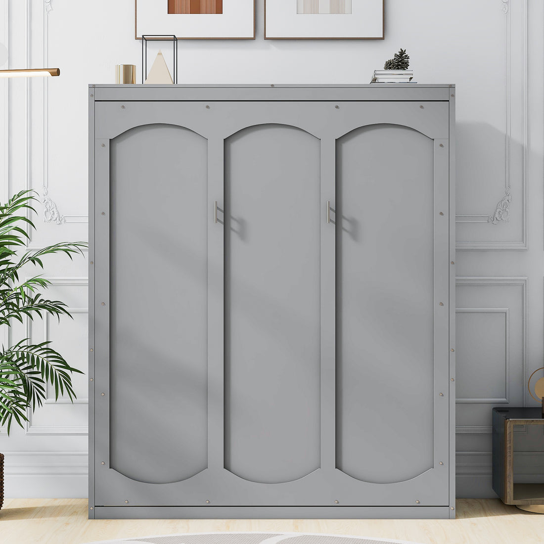 Queen Size Murphy Bed Wall Bed With Shelves,Gray Gray Solid Wood Mdf