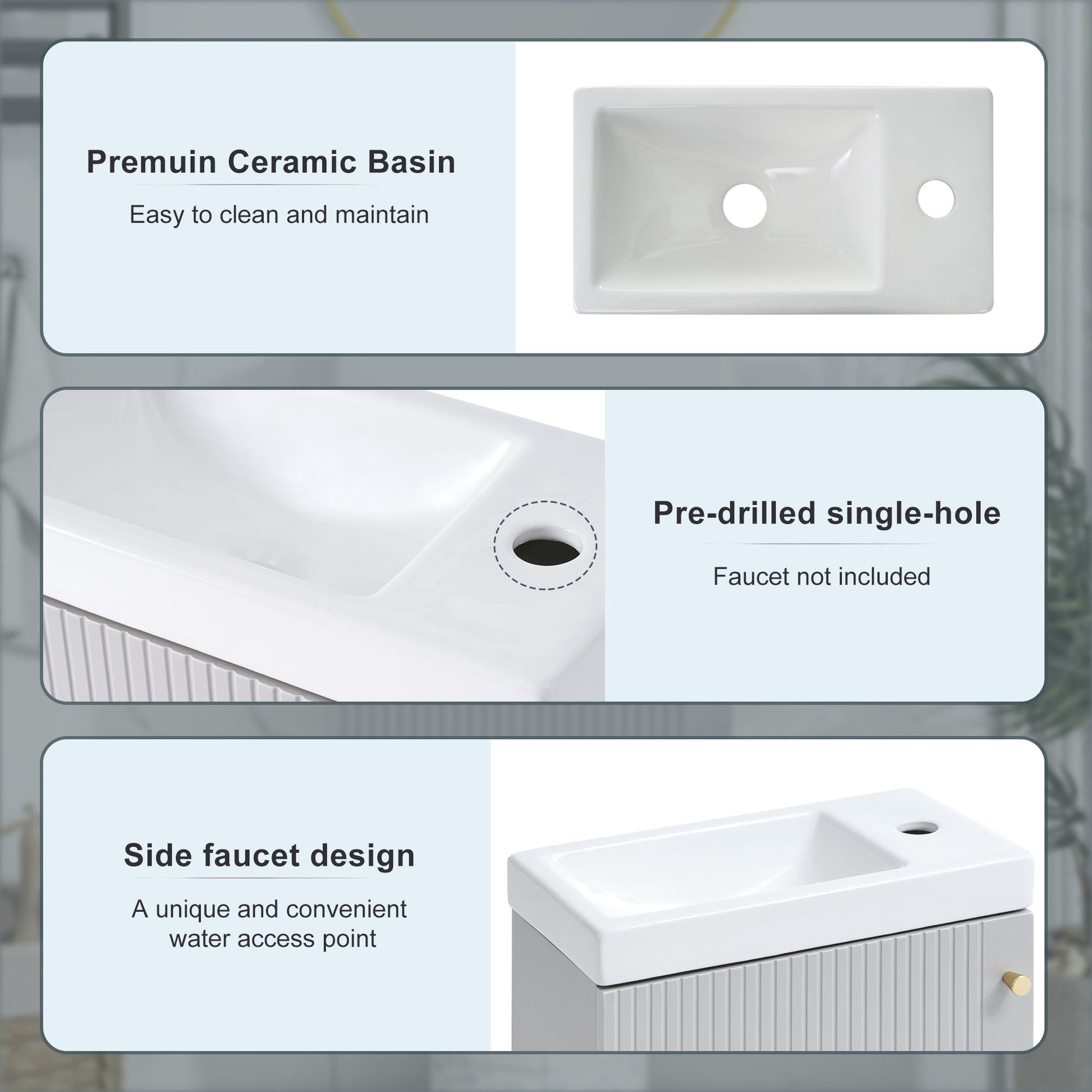 Viedo Contemporary 16" Wall Mounted Bathroom Vanity Combo Cabinet With Ceramic Basin Ideal For Small Bathrooms Grey Mdf