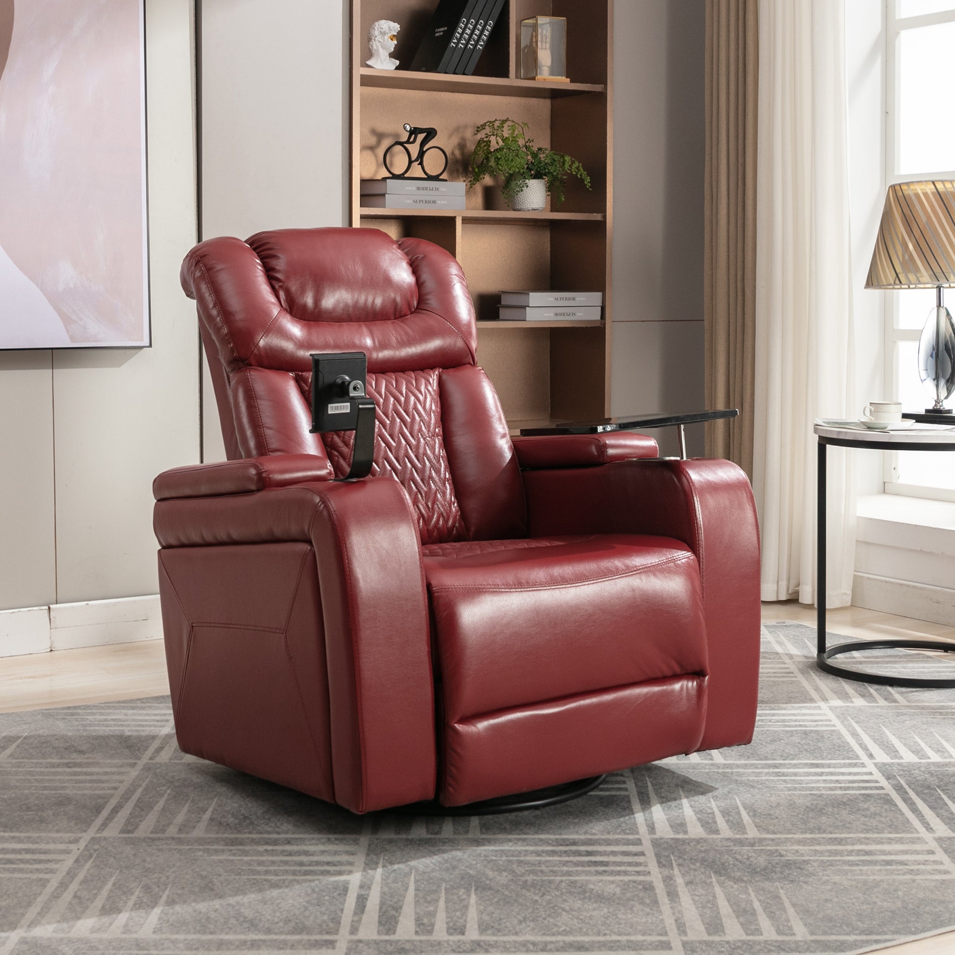 270 Degree Swivel Pu Leather Power Recliner Individual Seat Home Theater Recliner With Comforable Backrest, Tray Table, Phone Holder, Cup Holder, Usb Port, Hidden Arm Storage For Living Room, Red Red Foam Pu Leather