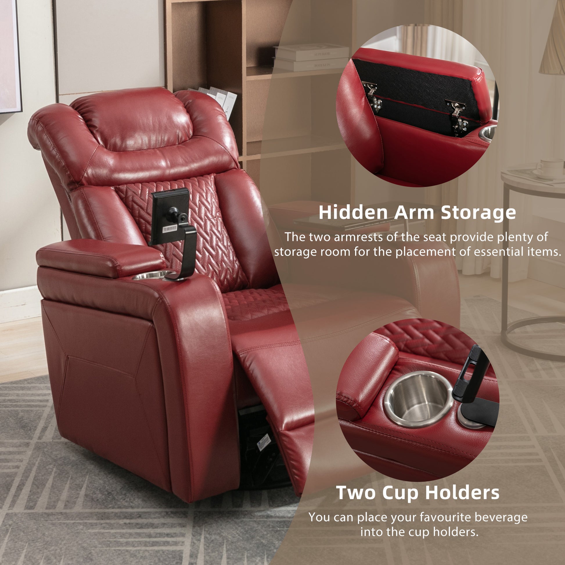 270 Degree Swivel Pu Leather Power Recliner Individual Seat Home Theater Recliner With Comforable Backrest, Tray Table, Phone Holder, Cup Holder, Usb Port, Hidden Arm Storage For Living Room, Red Red Foam Pu Leather