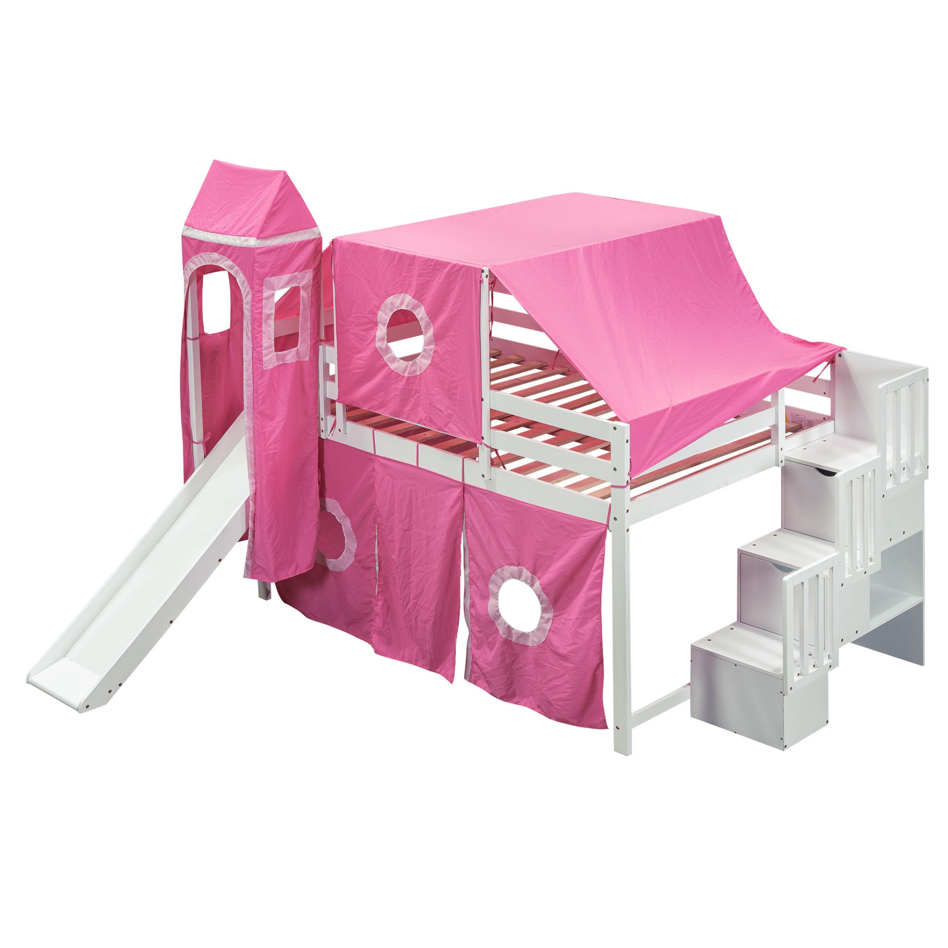 Full Size Loft Bed With Tent And Tower Pink Pink Solid Wood