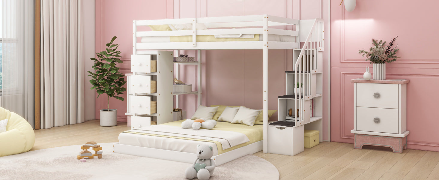 Twin Over Full Bunk Bed With 3 Layer Shelves, Drawers And Storage Stairs, White White Solid Wood Mdf